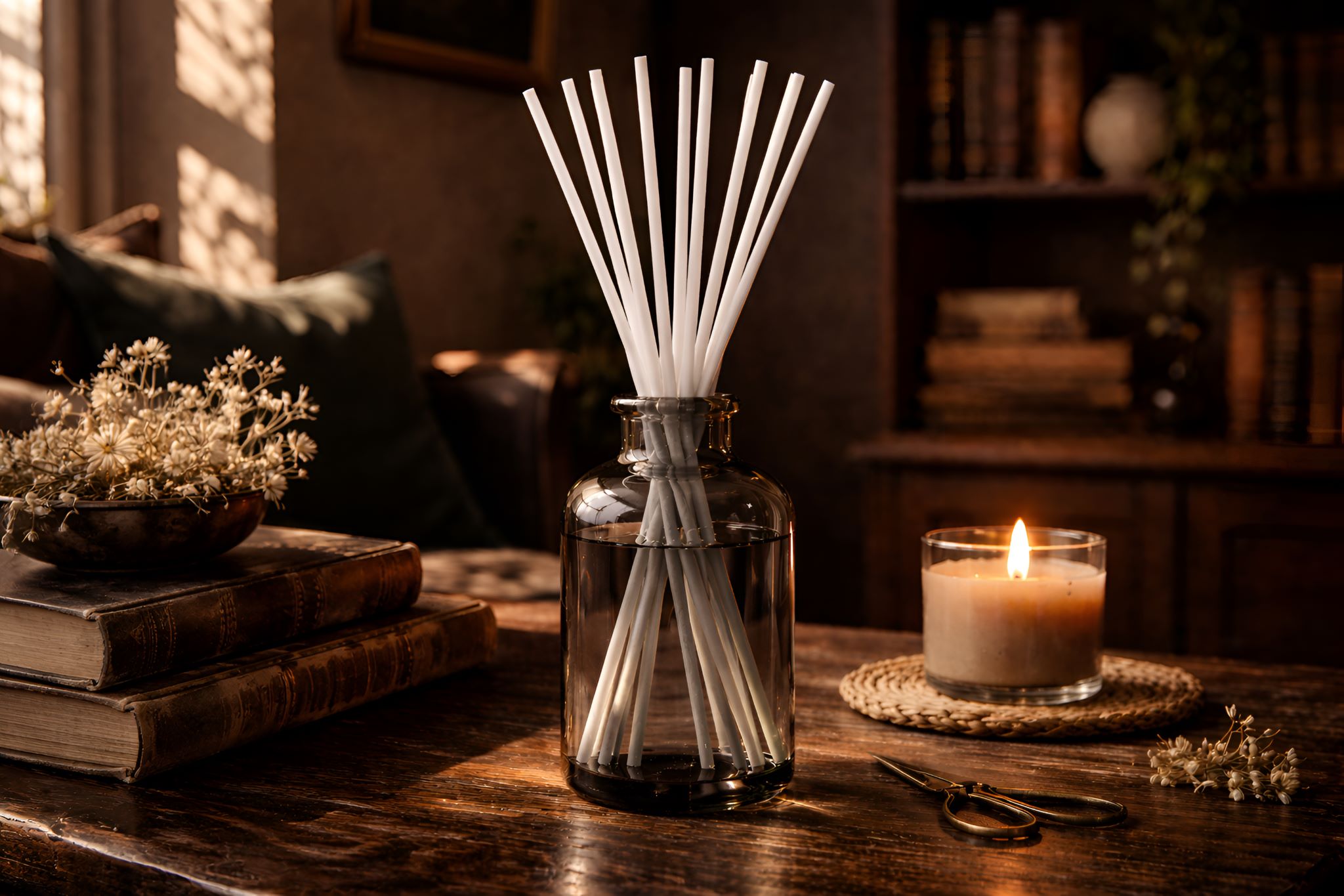 Moody living room with white diffuser, reed sticks, and a lit candle on a wooden surface in a cozy room.