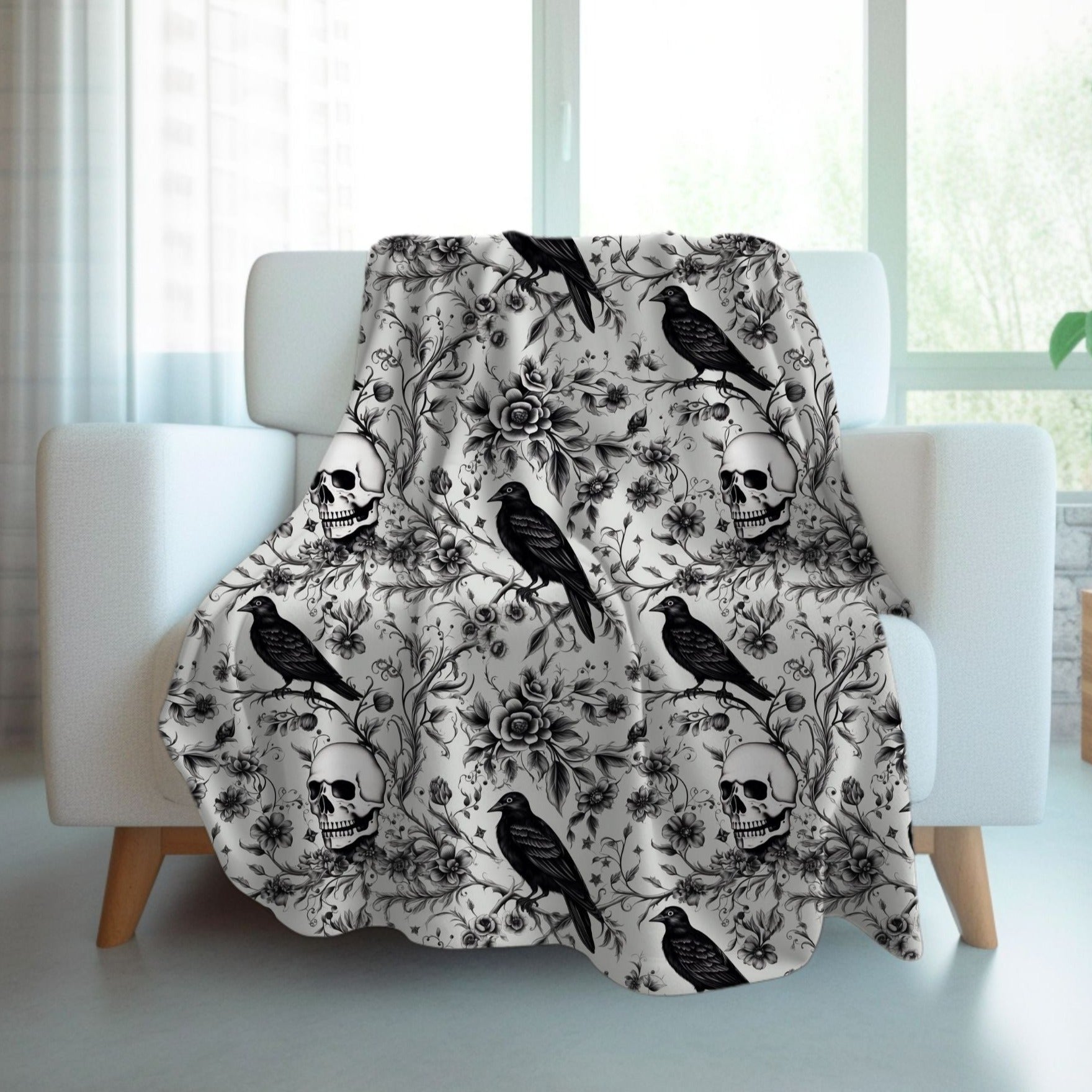 Raven Skull Garden Sherpa or Velveteen Blanket: Macabre Gothic