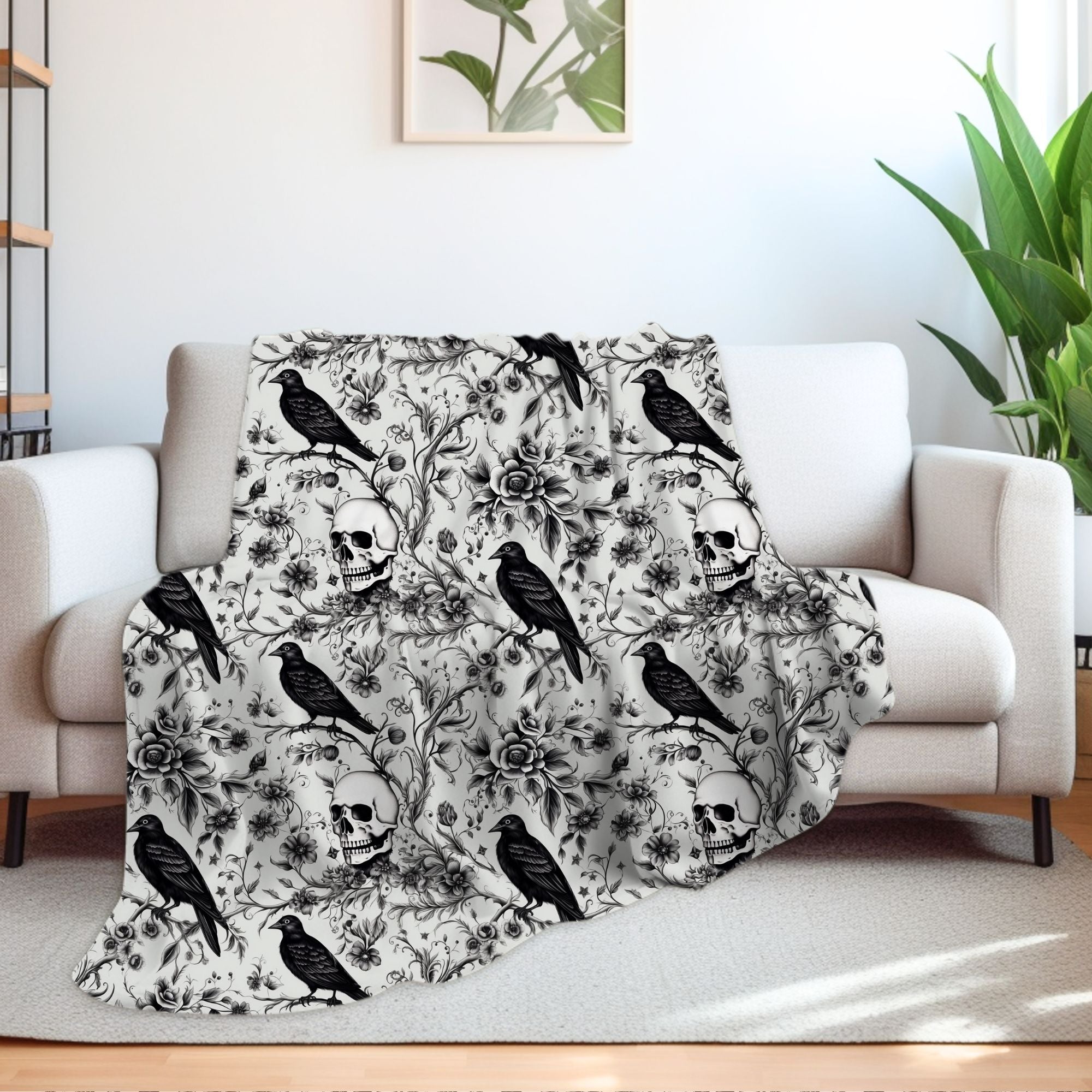 Raven Skull Garden Sherpa or Velveteen Blanket: Macabre Gothic