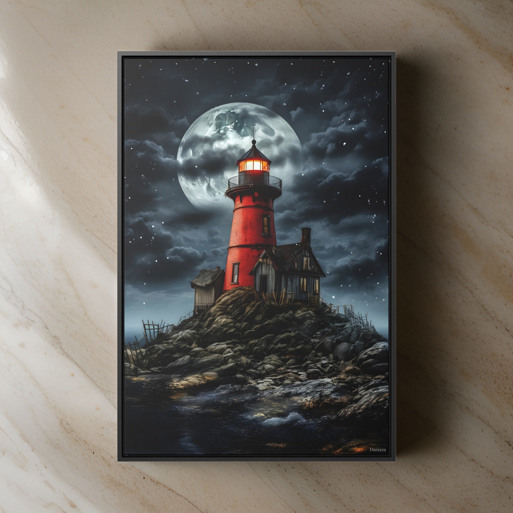 Red Lighthouse Wall Art: Moody Gothic Landscape