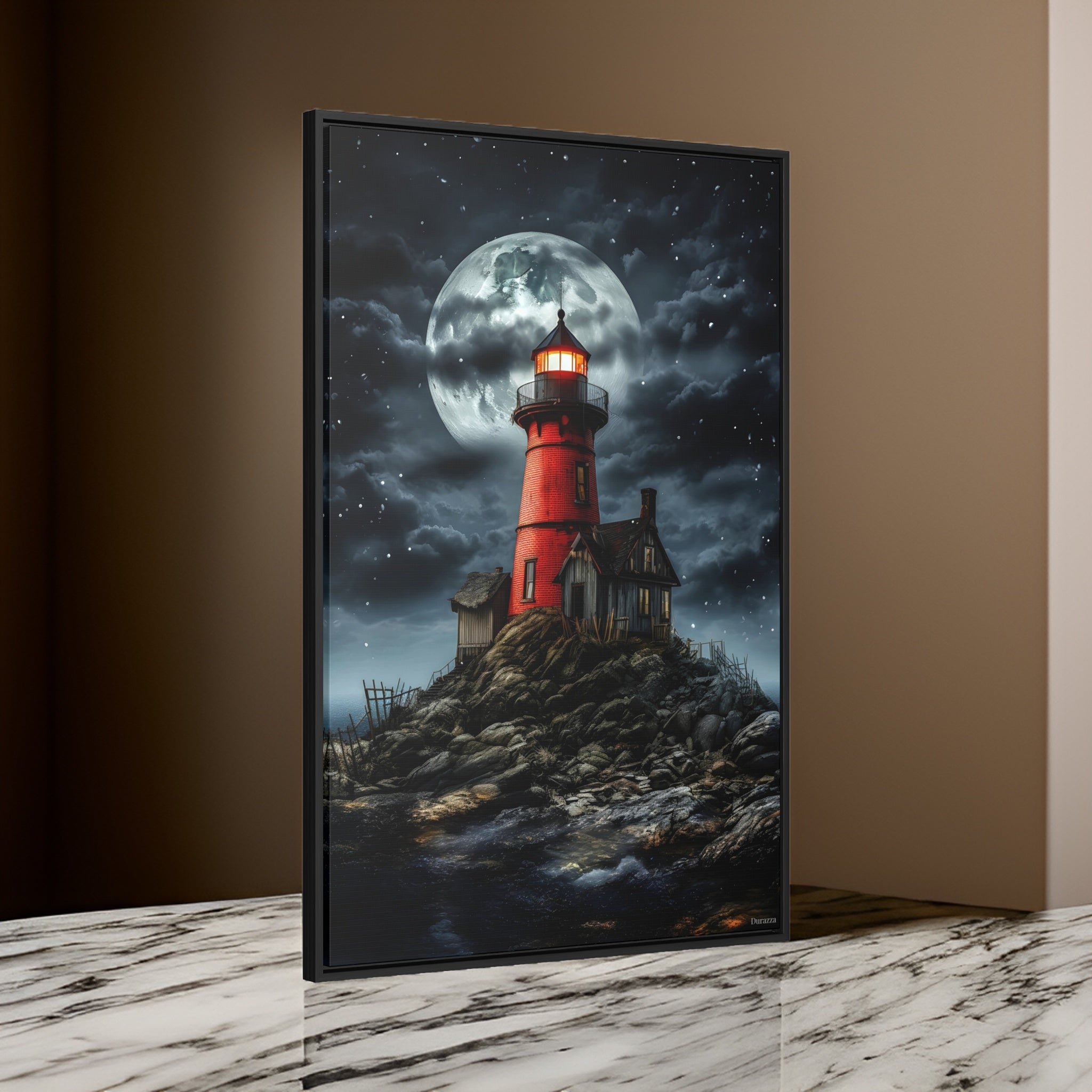 Red Lighthouse Wall Art: Moody Gothic Landscape