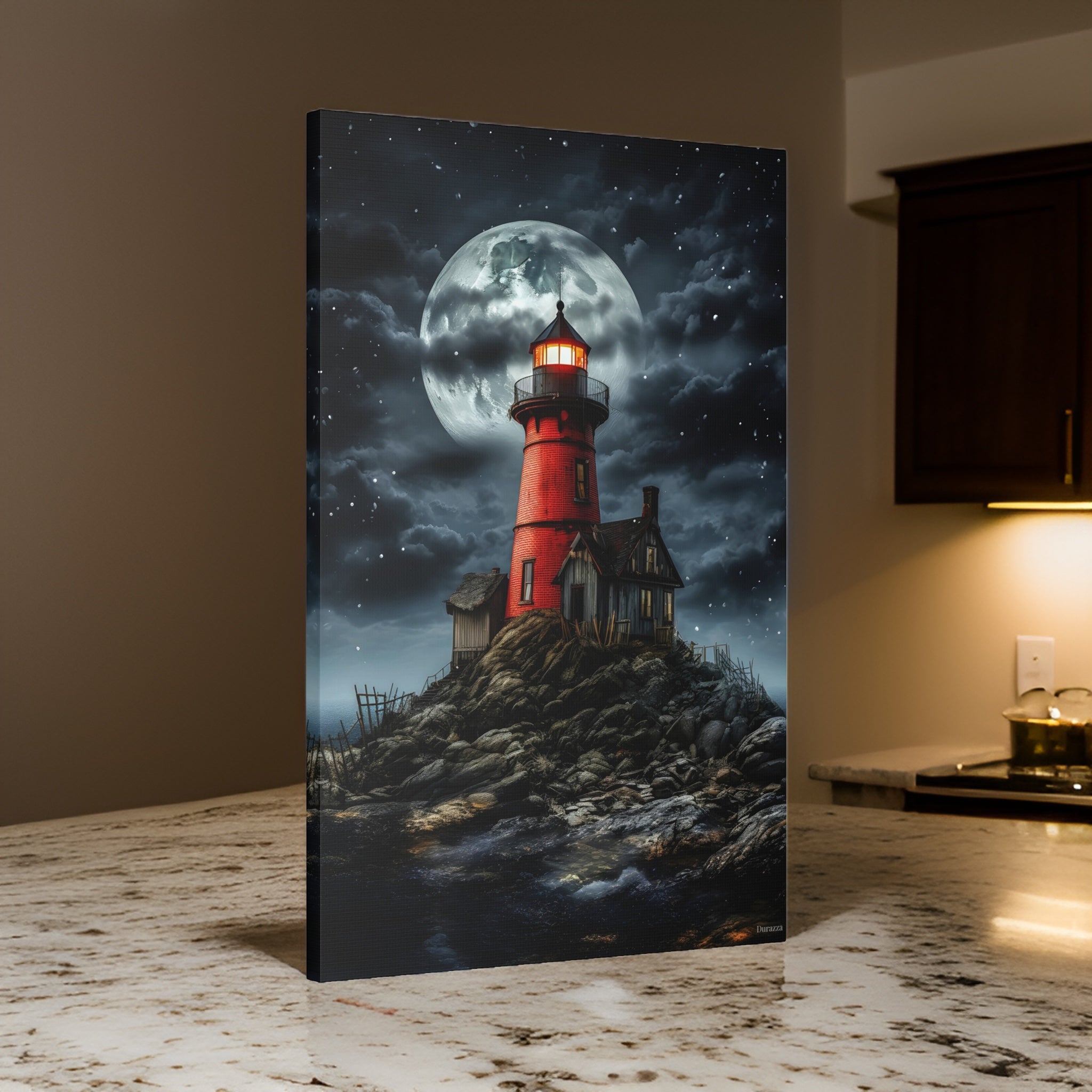 Red Lighthouse Wall Art: Moody Gothic Landscape