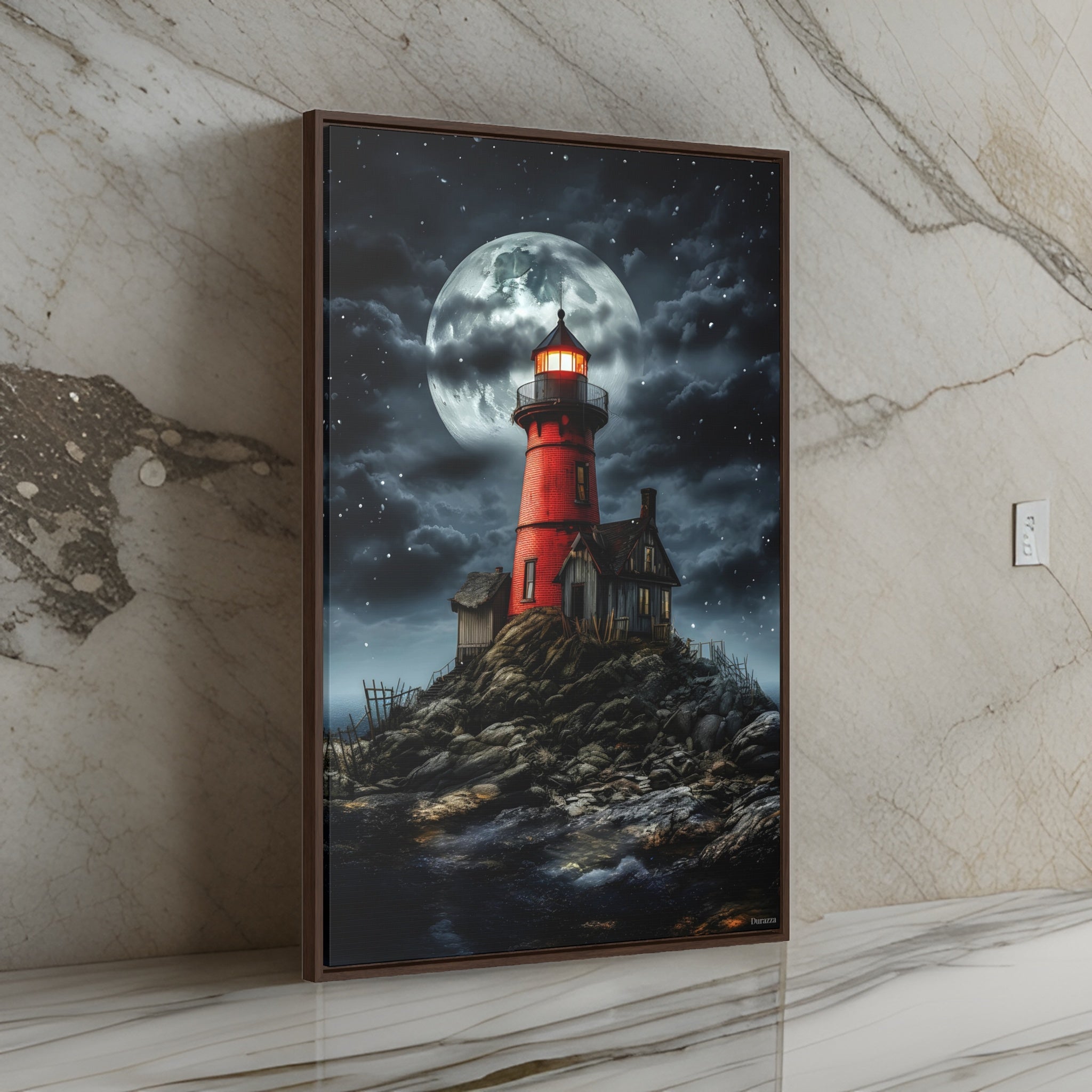 Red Lighthouse Wall Art: Moody Gothic Landscape