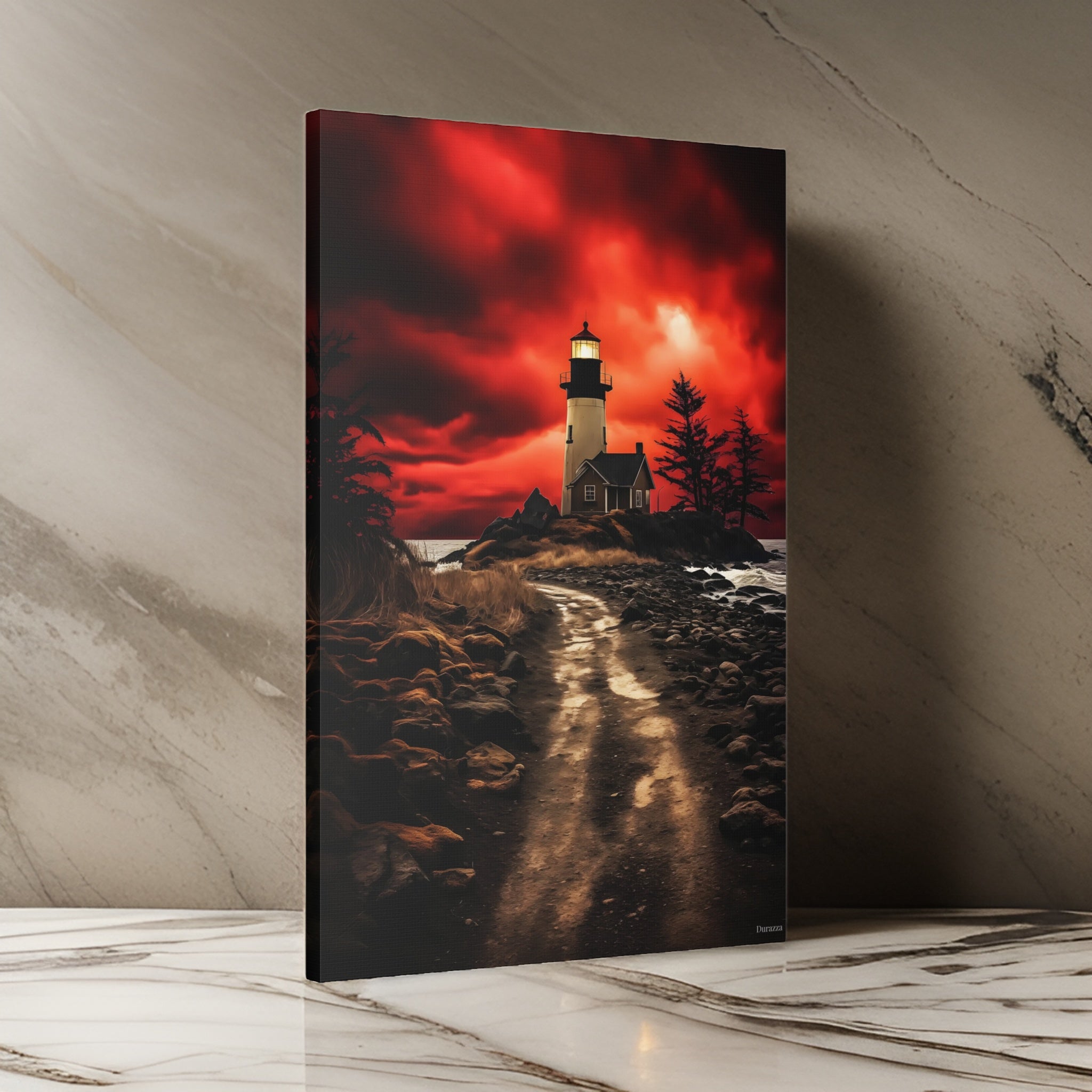 Red Sky Lighthouse Wall Art: Dramatic Coastal Scene