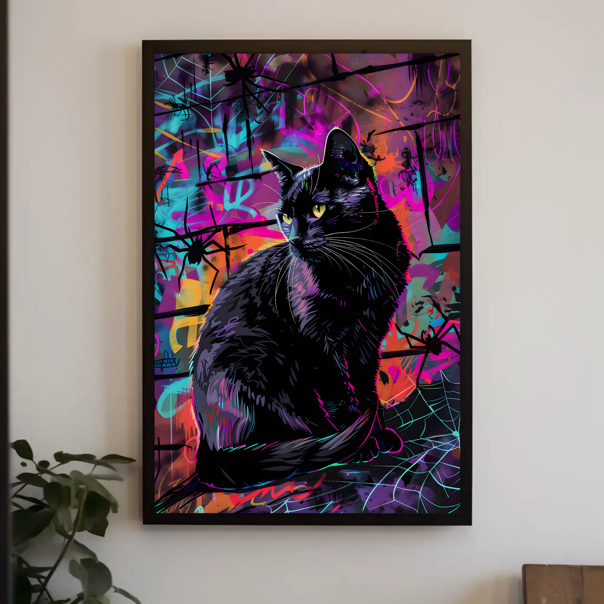 Retro Urban Cat Wall Art: Gothic Cyberpunk Decor
