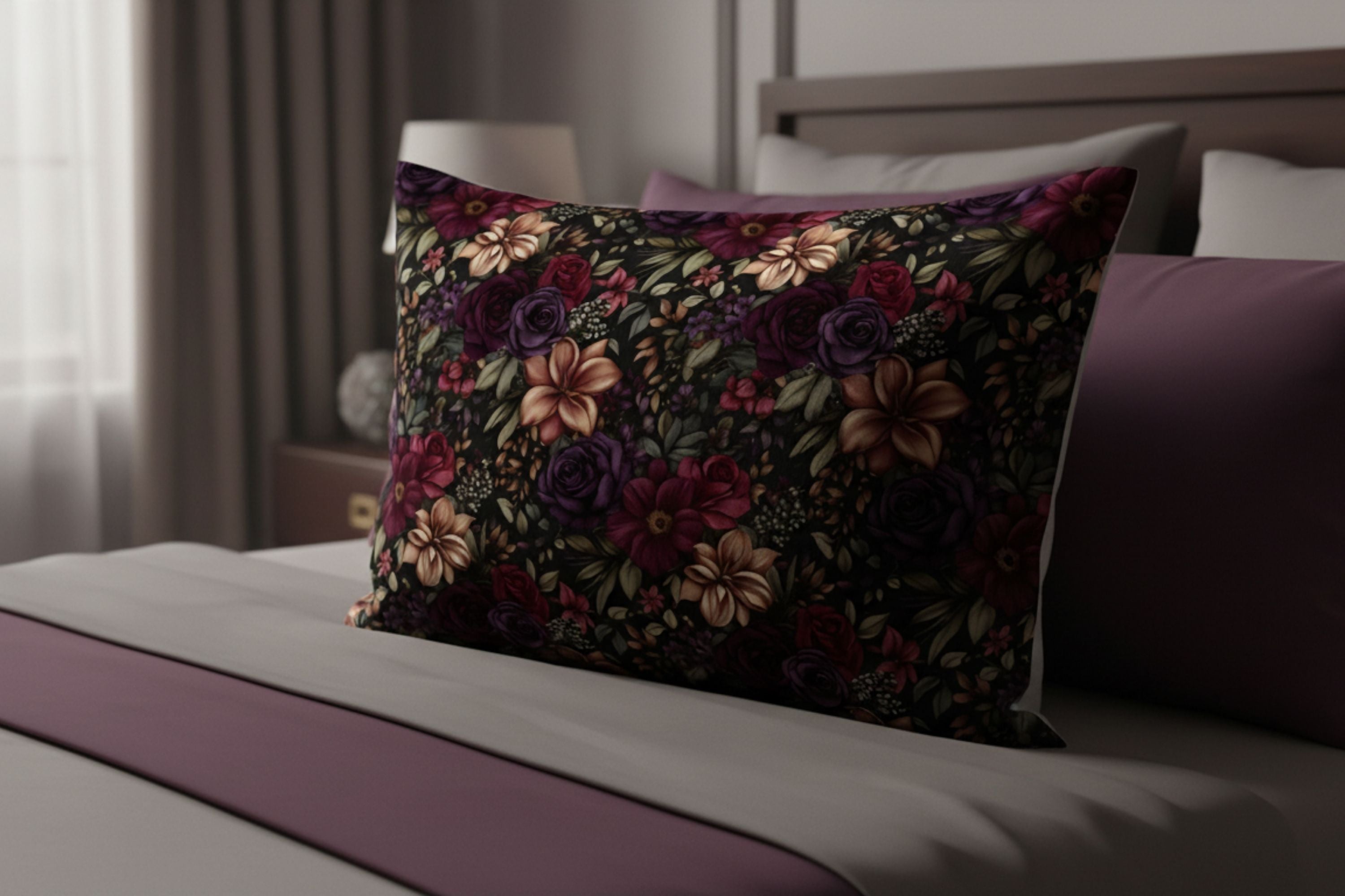 Dark cottagecore in moody plum, copper and green colors on a floral pillow sham.