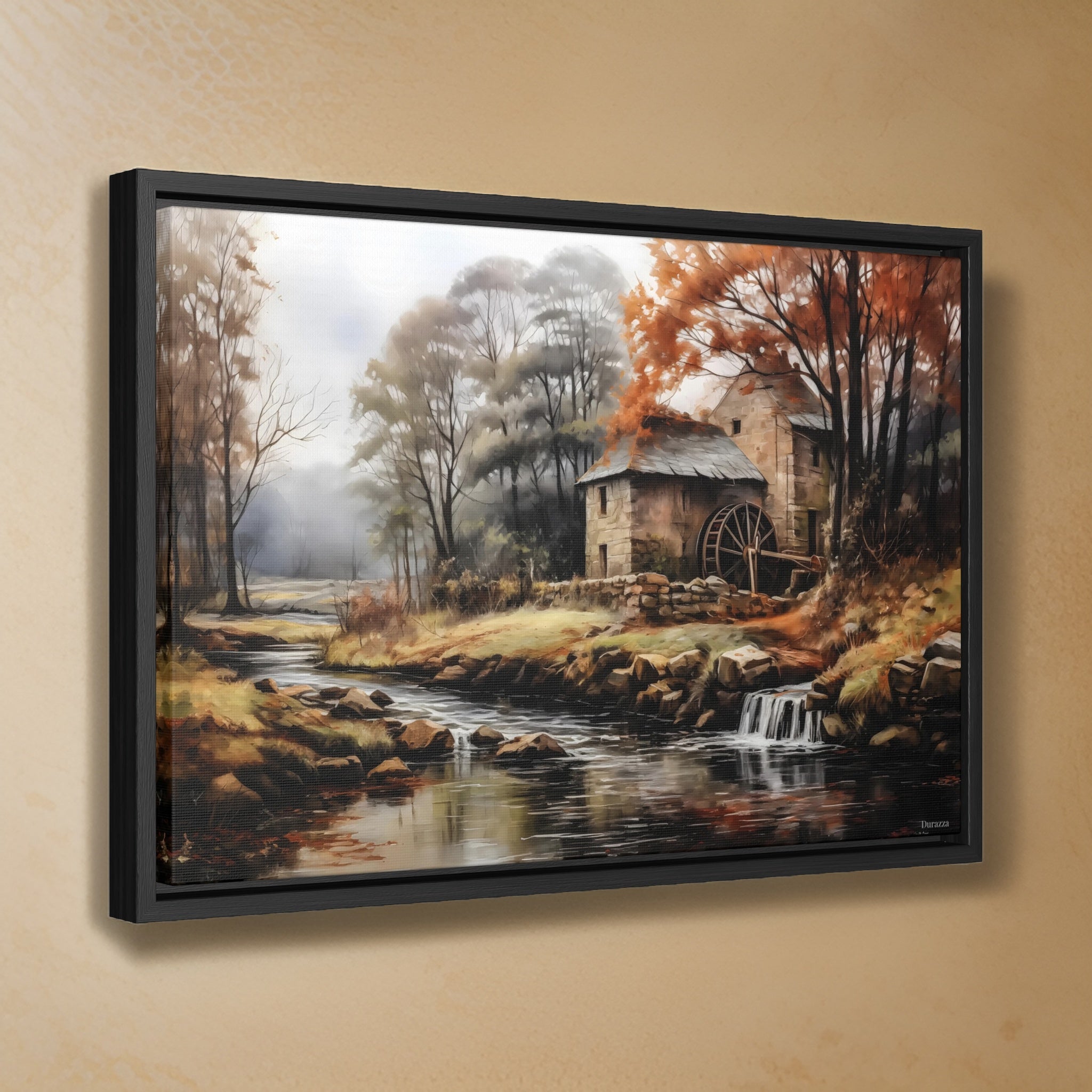 Rustic Autumn Mill Wall Art: Vintage Landscape Painting