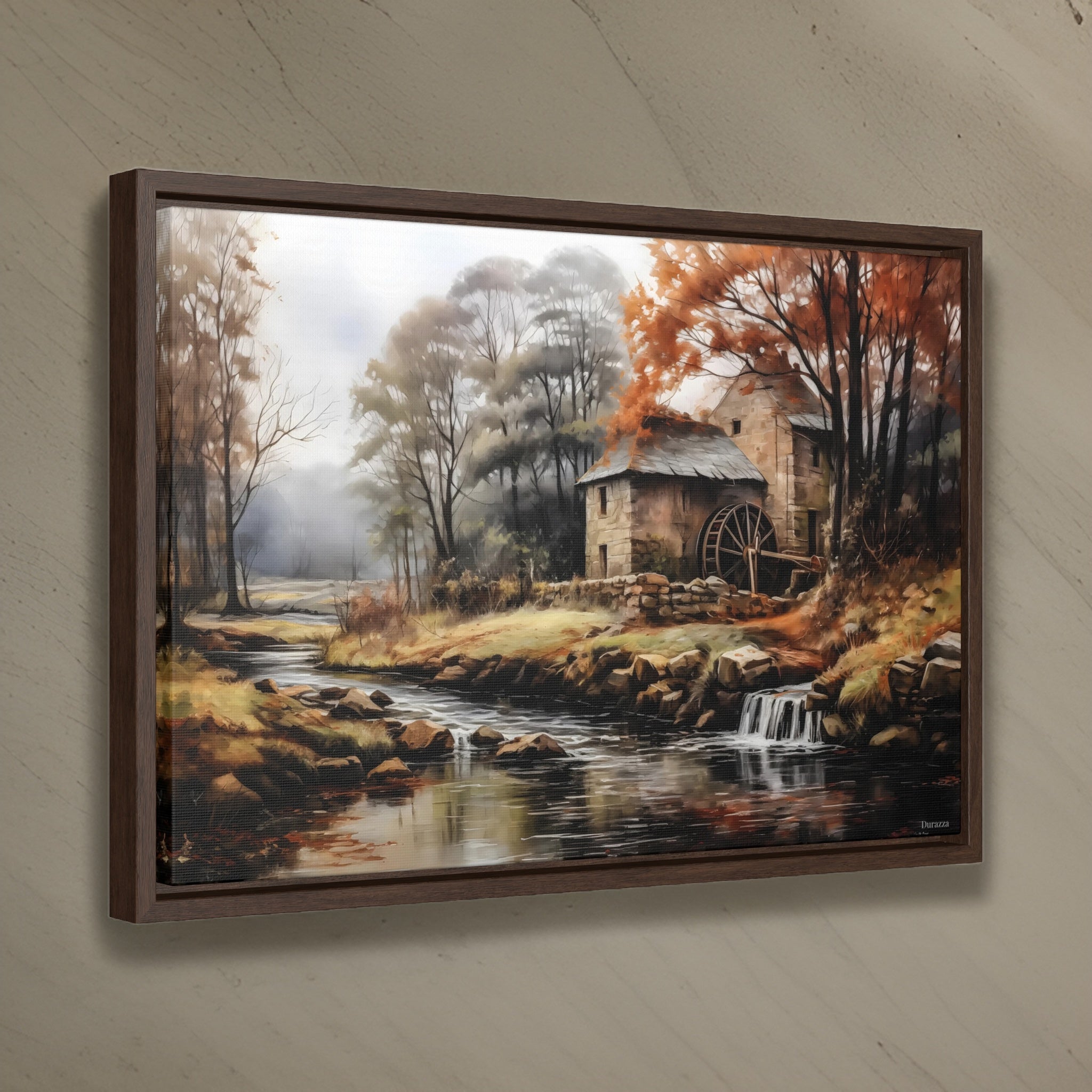 Rustic Autumn Mill Wall Art: Vintage Landscape Painting