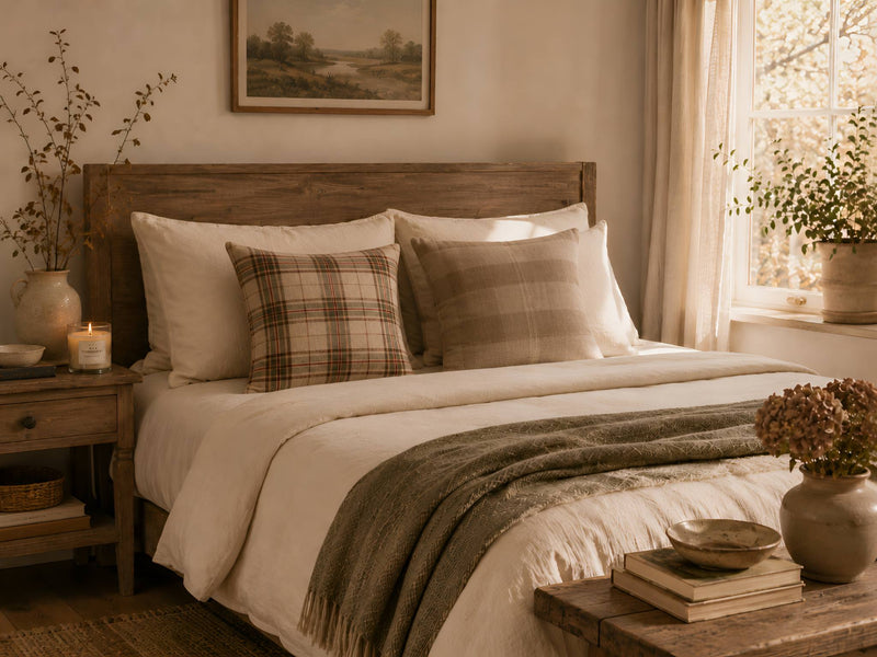 Rustic Scandi bedroom with warm wood, cream bedding, square plaid pillows, natural textures, soft window light, and quiet cozy neutral decor.