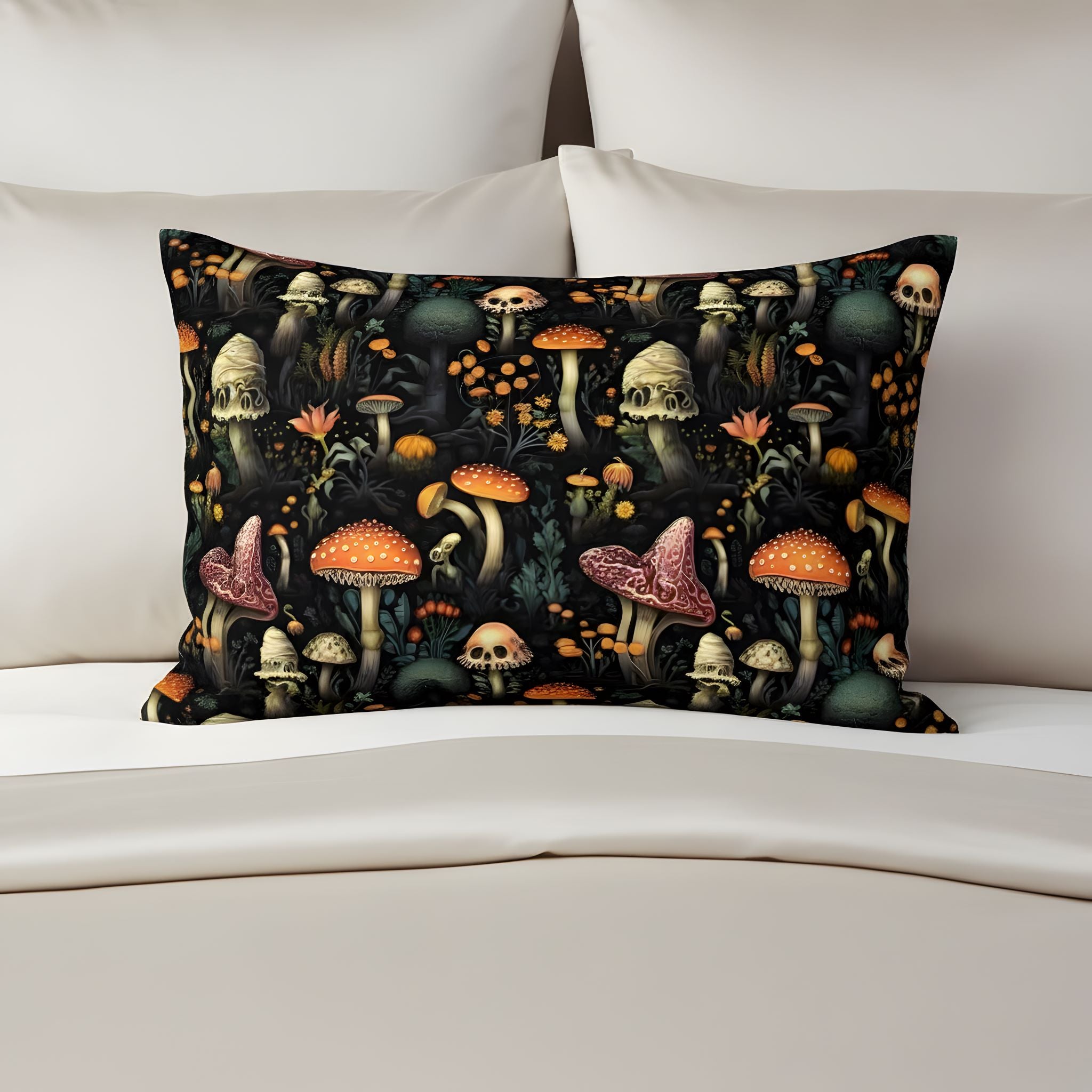 Black mushroom pillow sham with woodland artwork for moody bedroom decor.