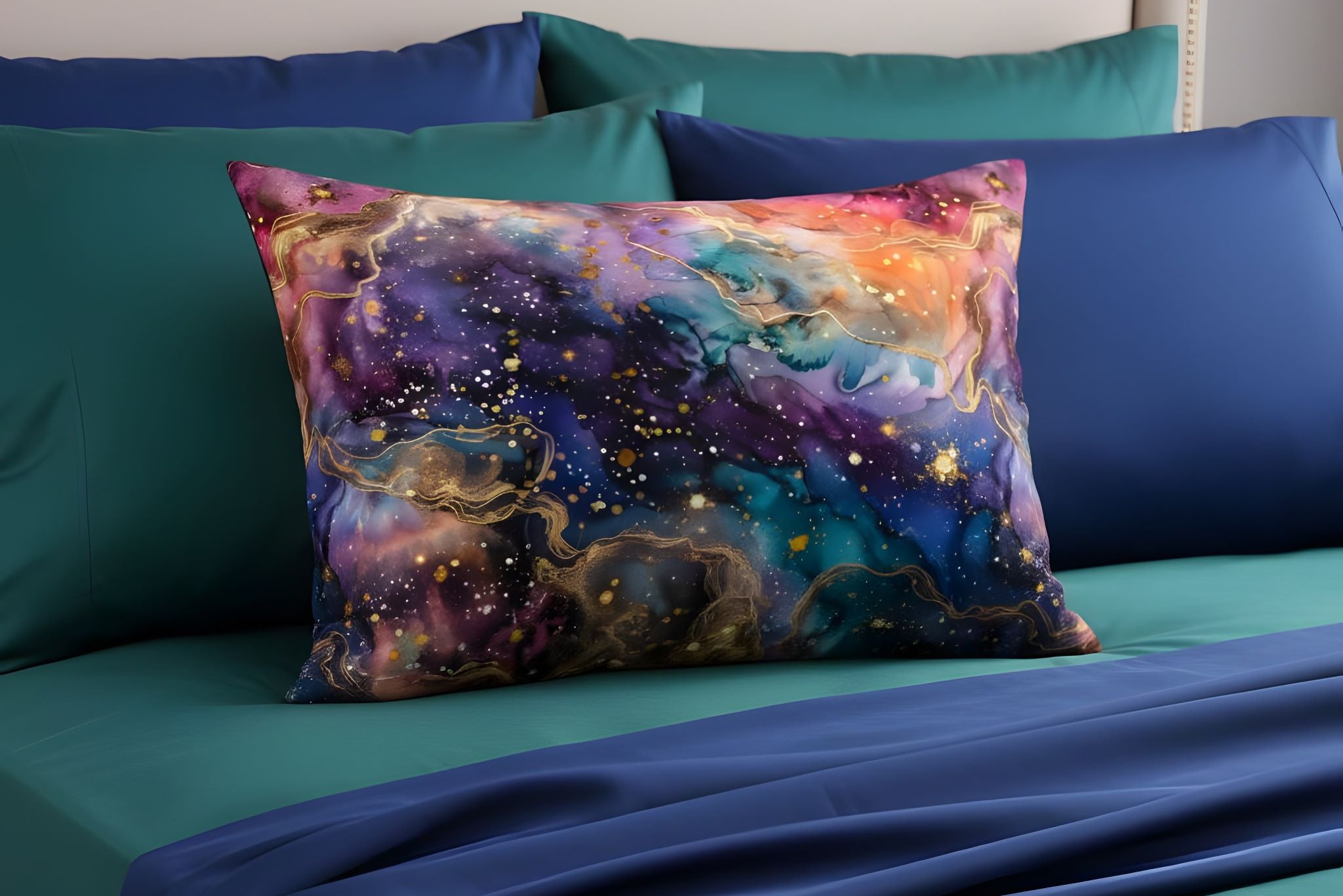 Blue and green bedroom scene with a whimsigoth cotton pillowcase.