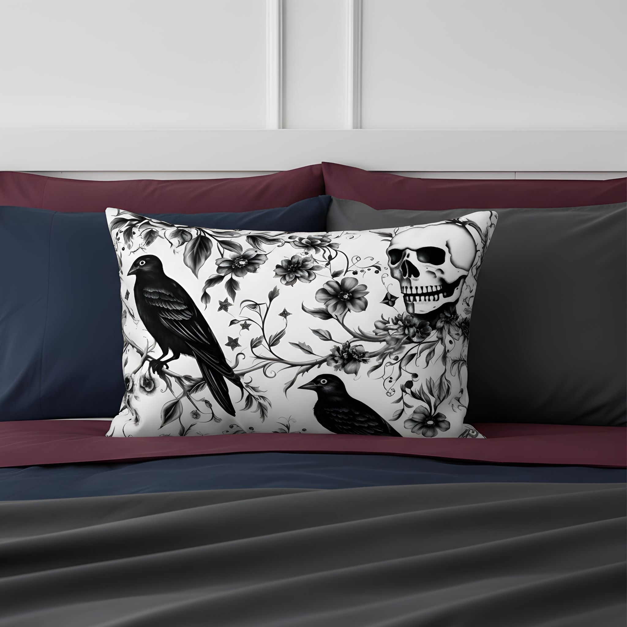 Skull and raven cotton pillow sham with black floral vines on blue, purple and gray bedding.