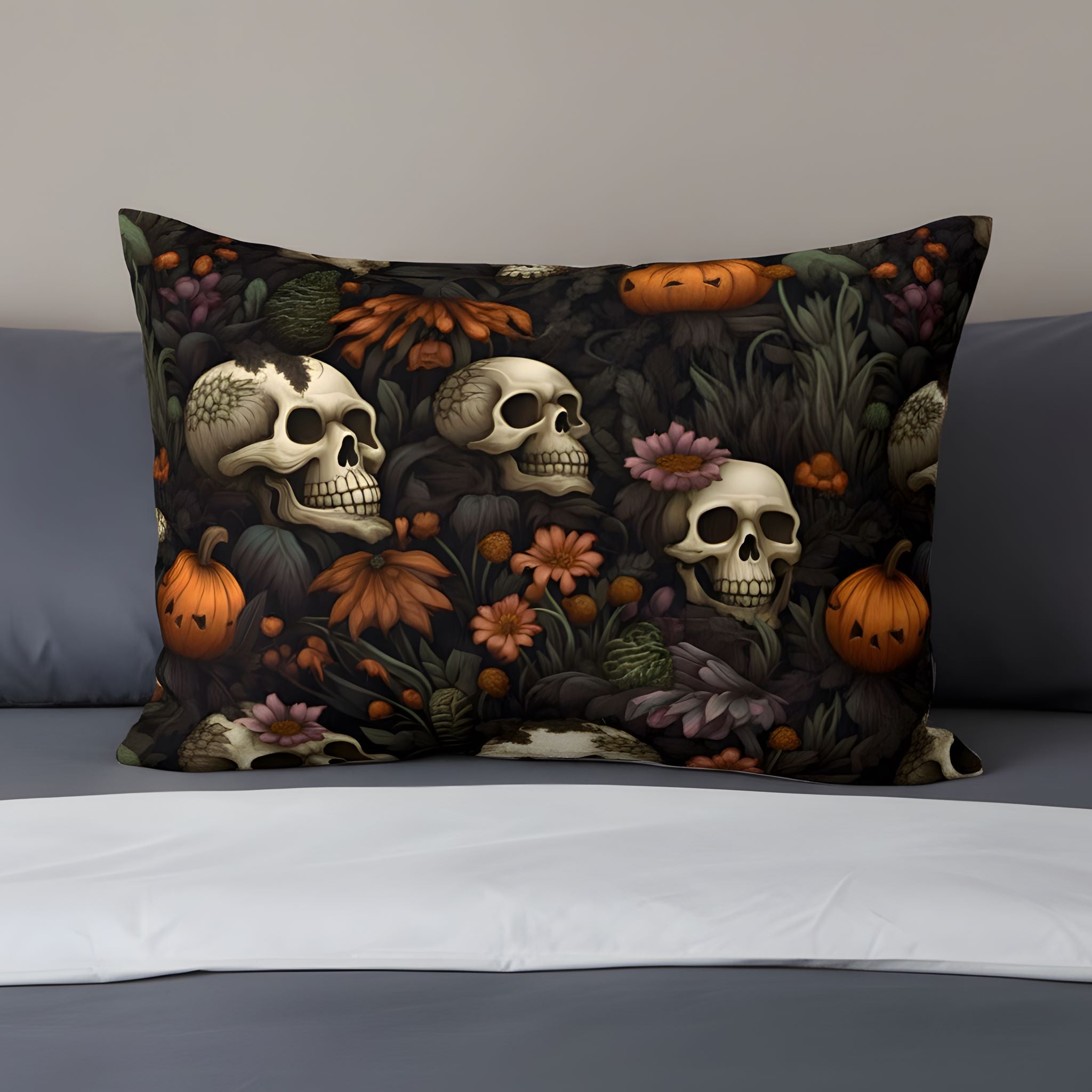 Halloween pillow sham with skulls, jack-o-lantern pumpkins, and moody botanicals