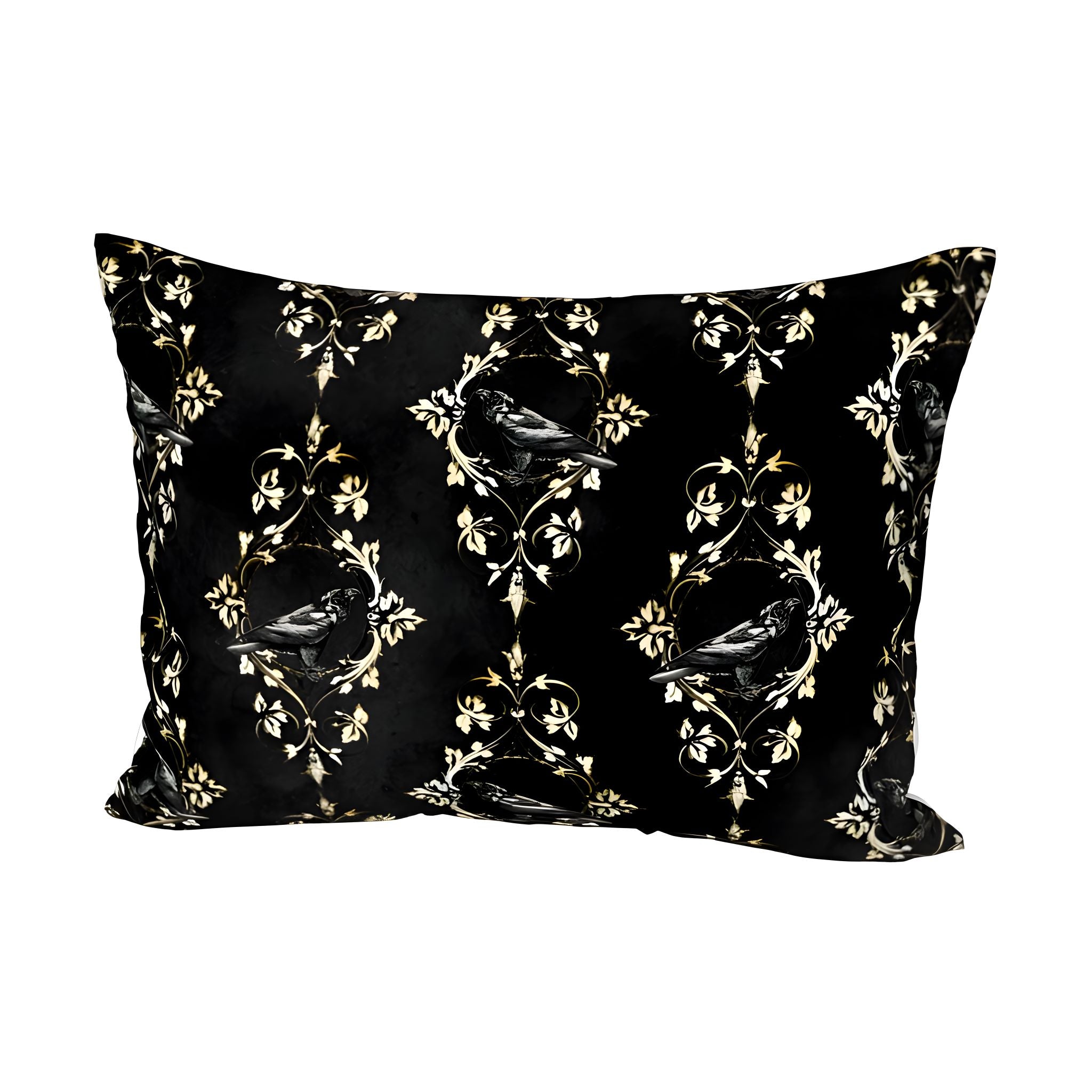 Standard size pillow with gold florals and black raven on a white background