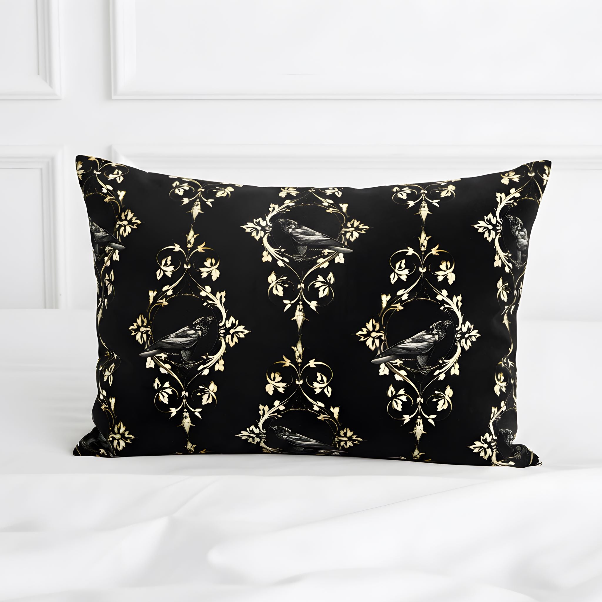 Black raven pillow sham with gold floral pattern.