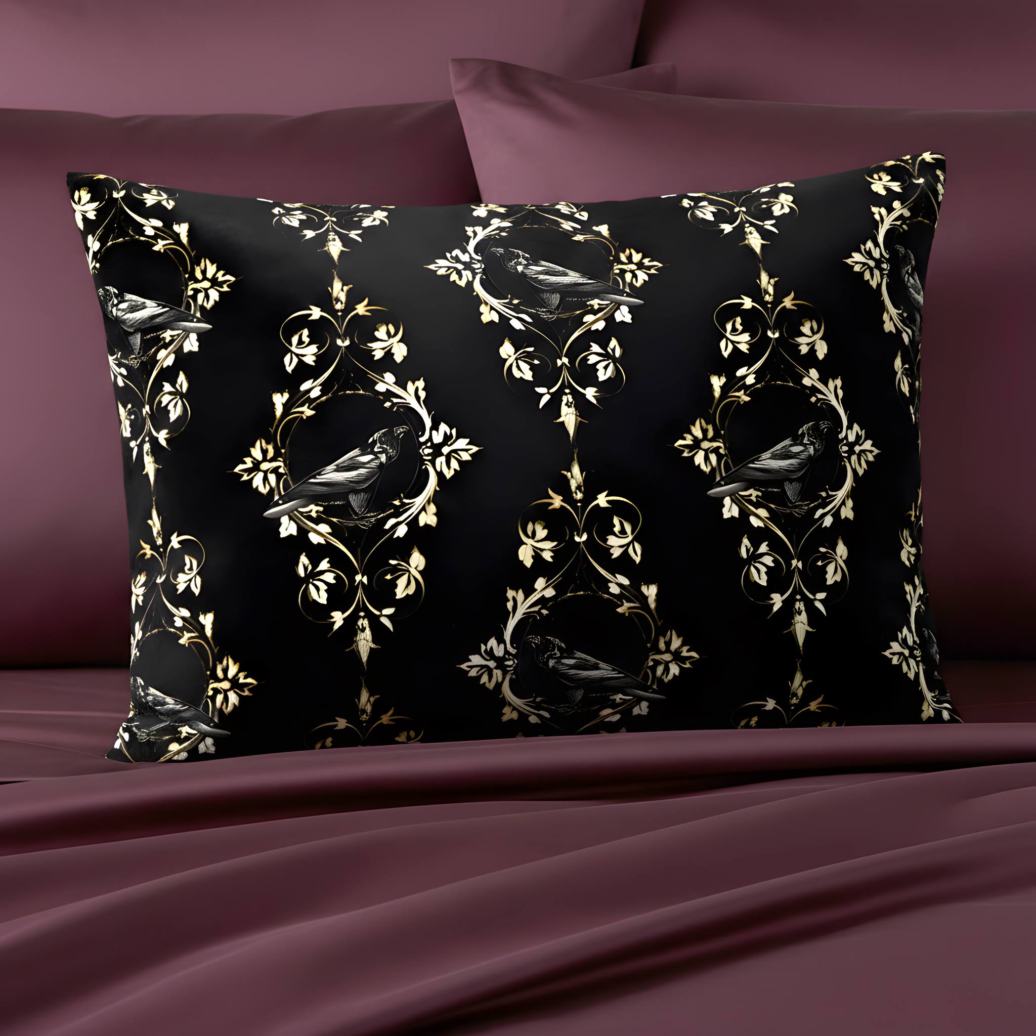 Ornate raven pillow sham with antique gold accents on a moody, purple bed.