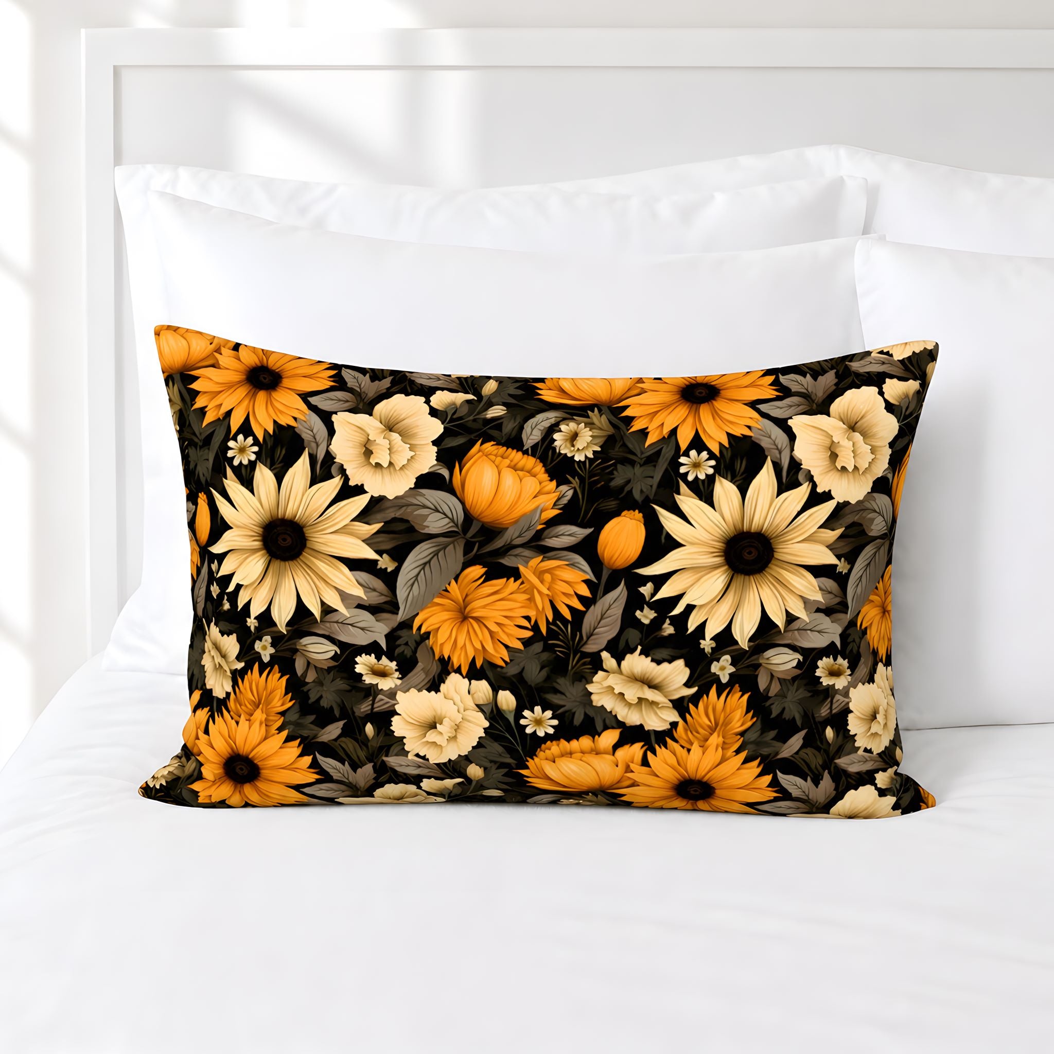 Golden and amber sunflower pillow sham in cotton sateen.