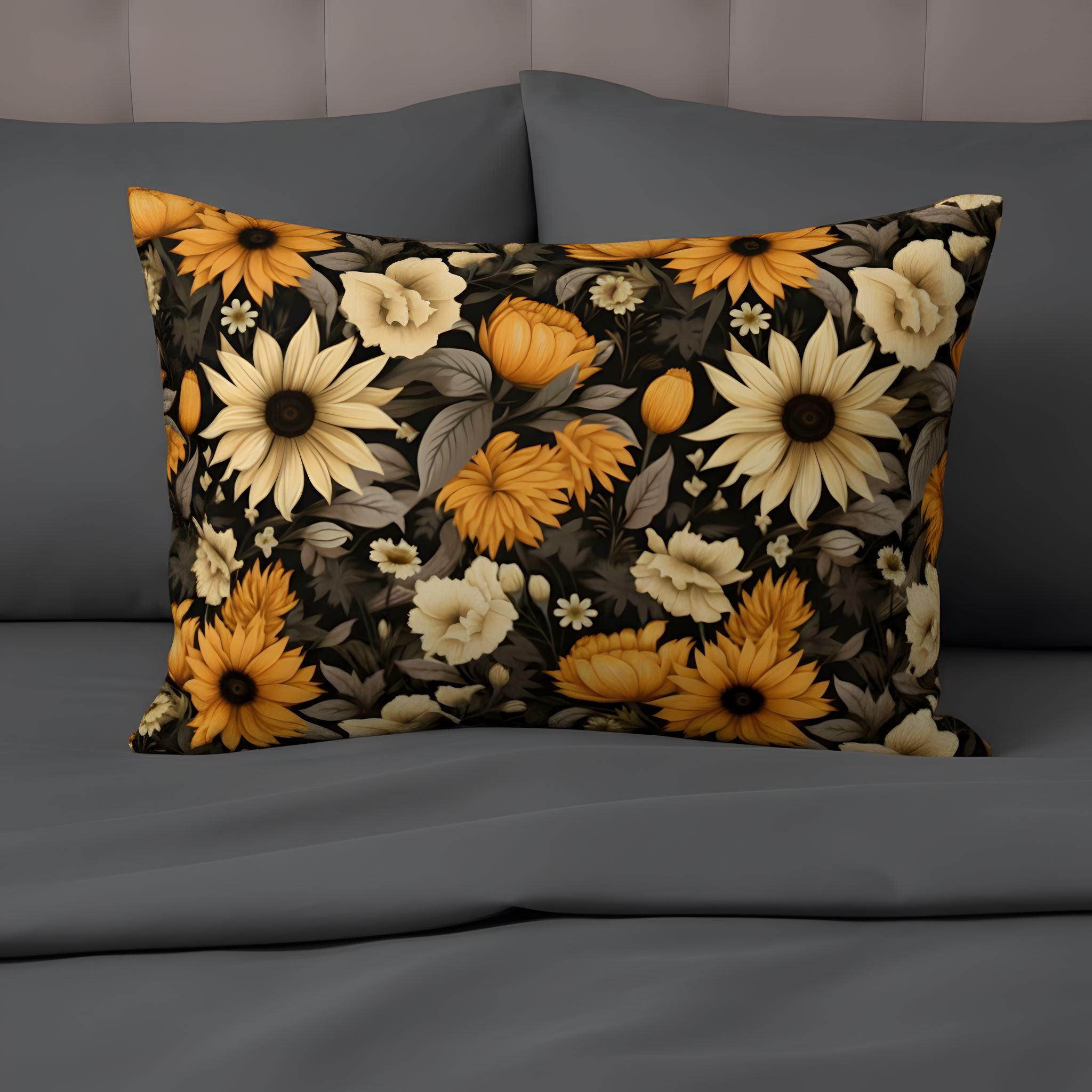 Sunflower pillowcase for a modern and moody bedroom aesthetic.