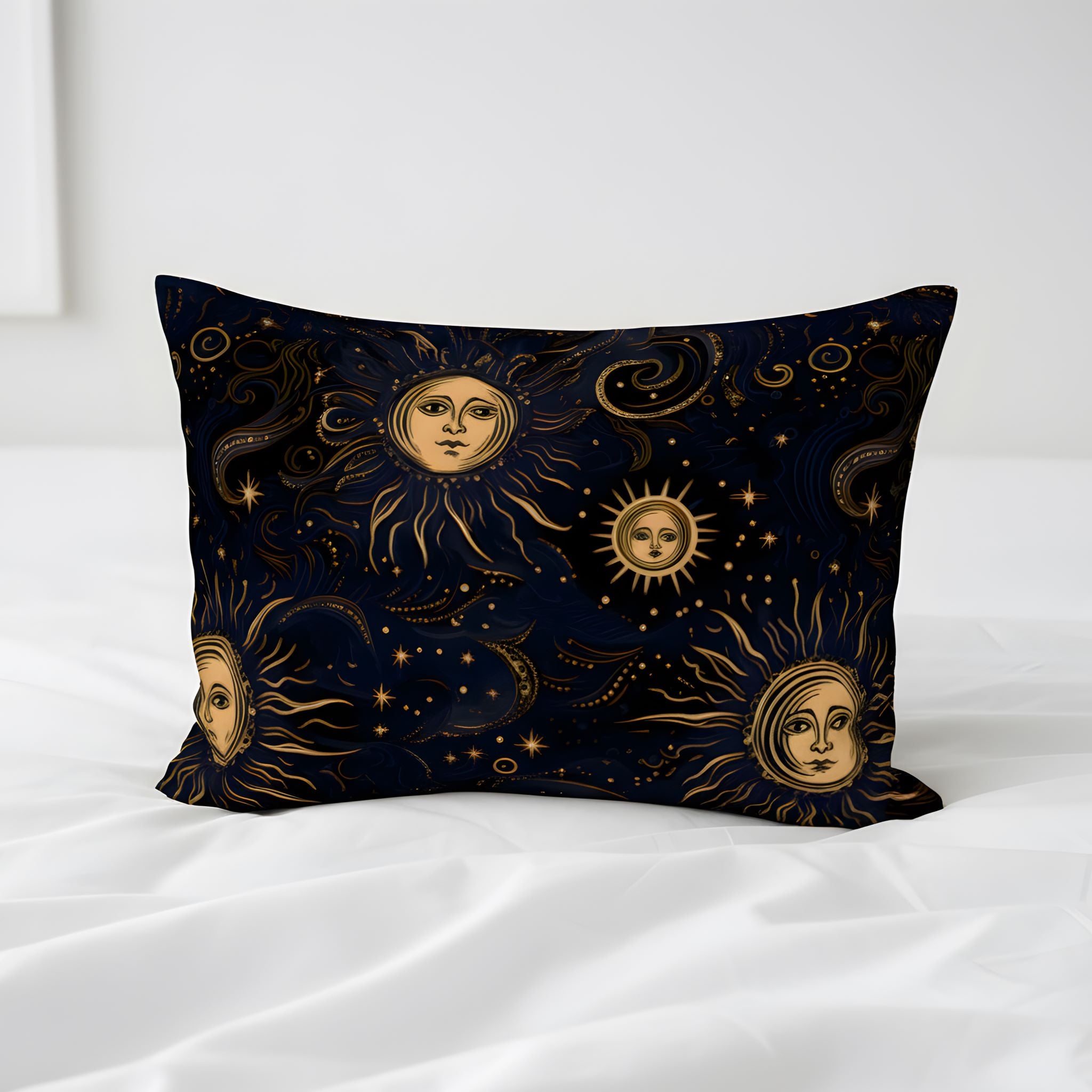 Celestial pillow sham with gold sun and moon artwork on black cotton bedding