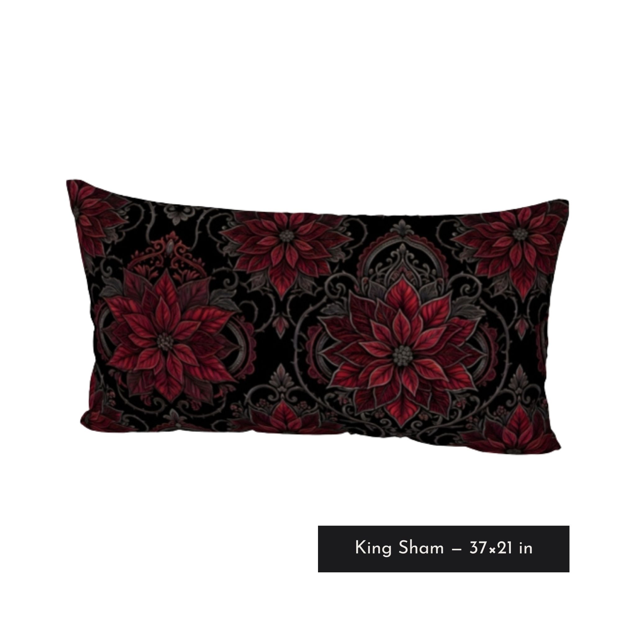 King size pillow sham in cotton featuring red poinsettia design for a gothic Christmas aesthetic. 