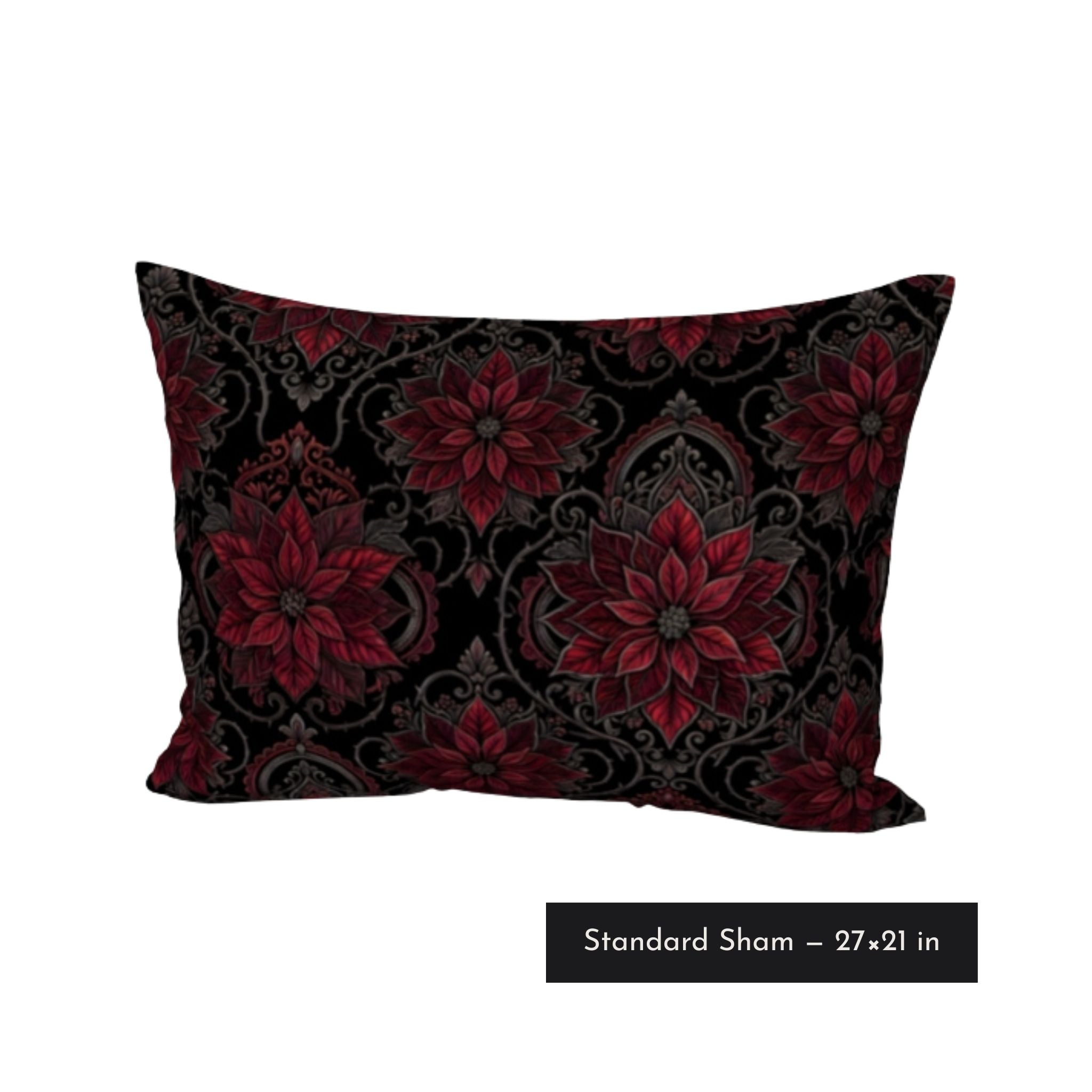 Standard size pillow sham in cotton featuring red poinsettia design for a gothic Christmas aesthetic. 