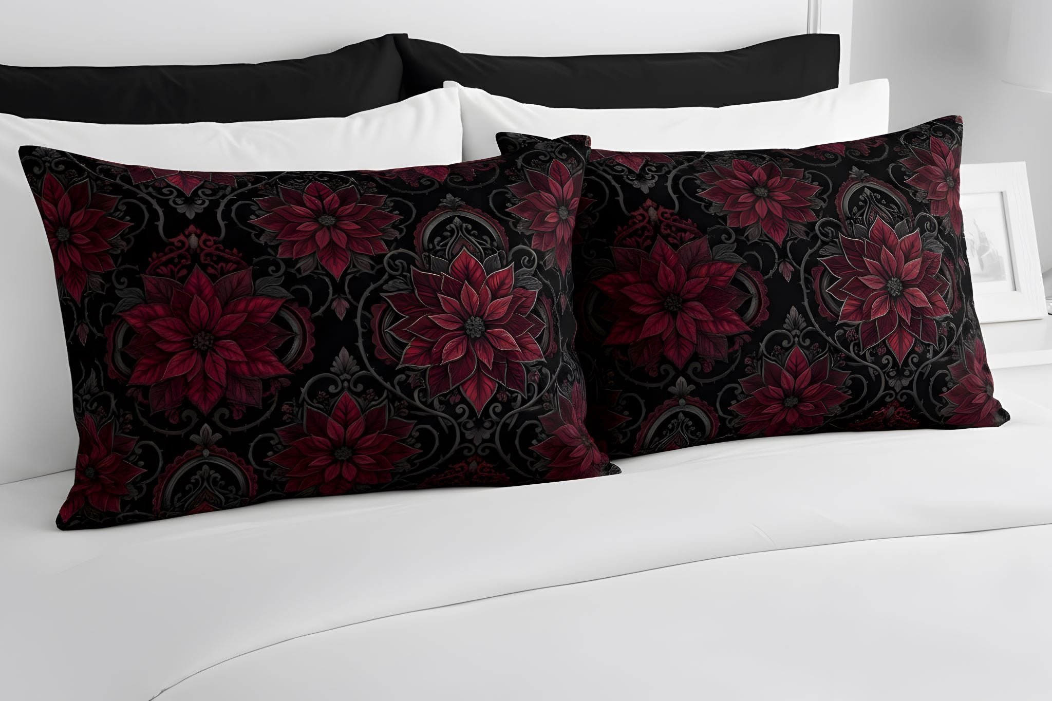 Two poinsettia pillow shams for a gothmas bedroom aesthetic.