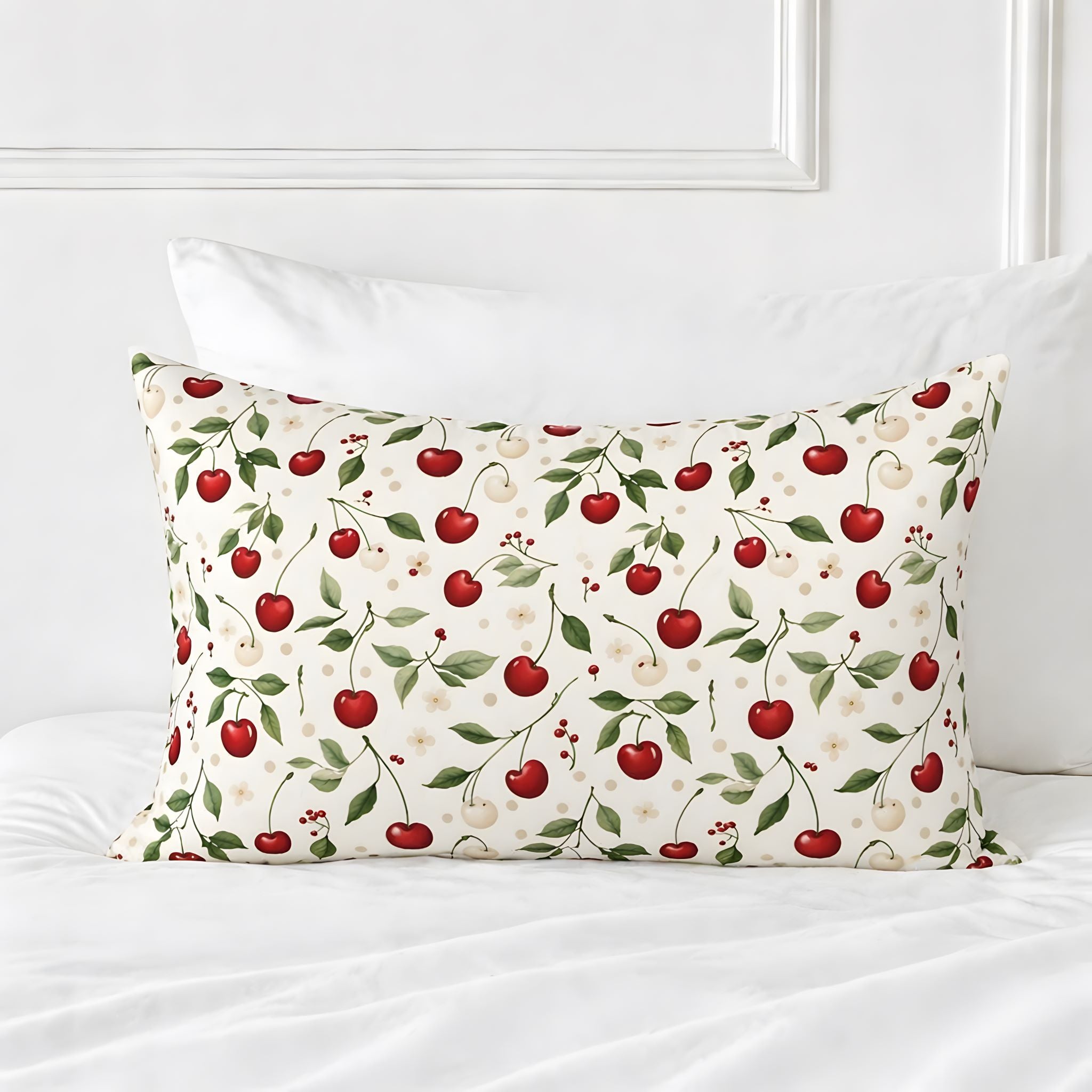 Cherry pillow sham in king sizes on a white background