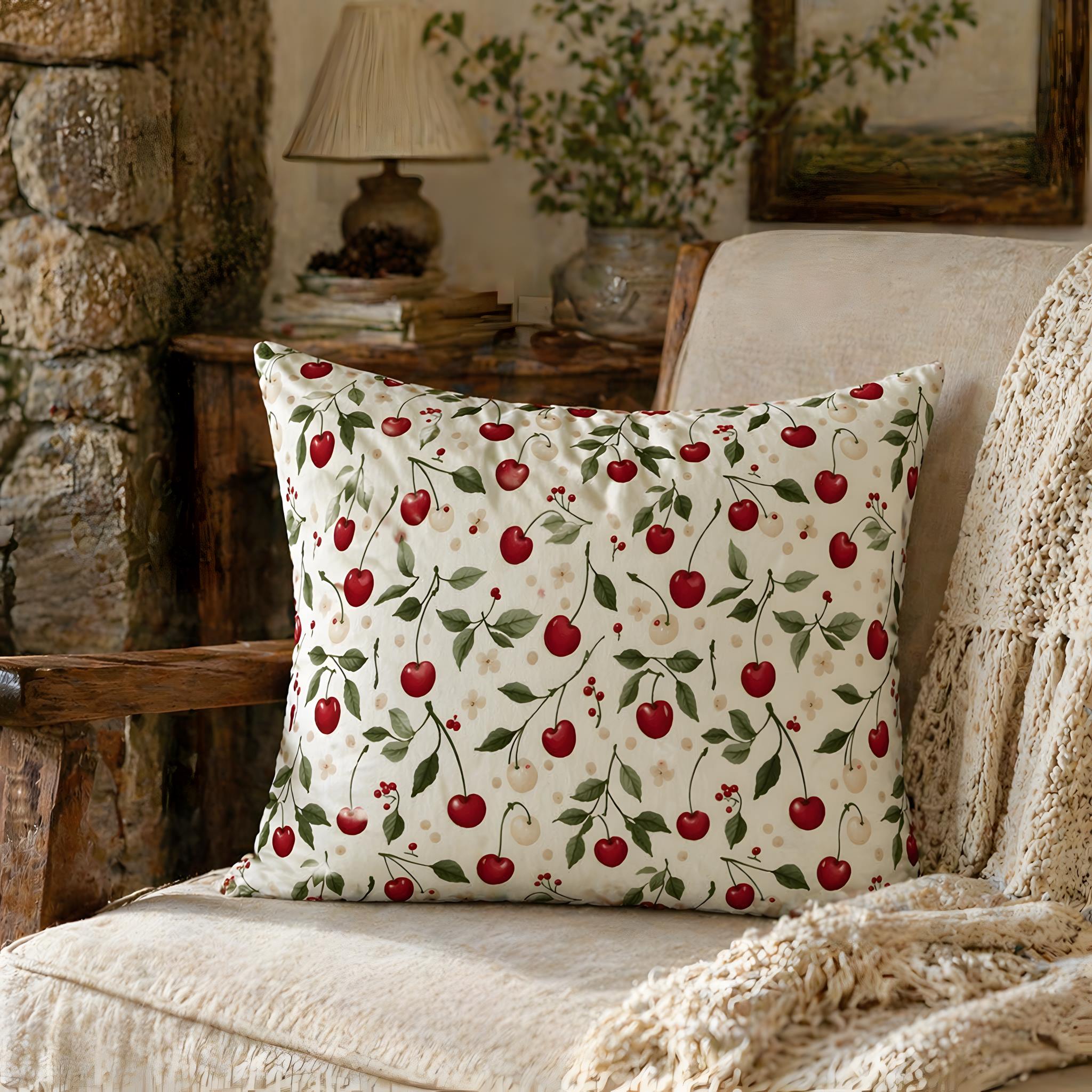 Standard-size pillow sham with a cherry aesthetic on a couch in a cozy room.