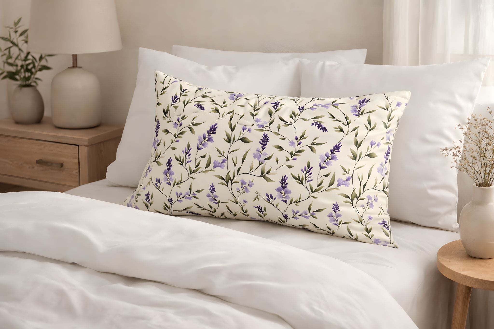 Decorative lavender pillow sham with floral pattern on a bed in a Mediterranean bedroom setting.