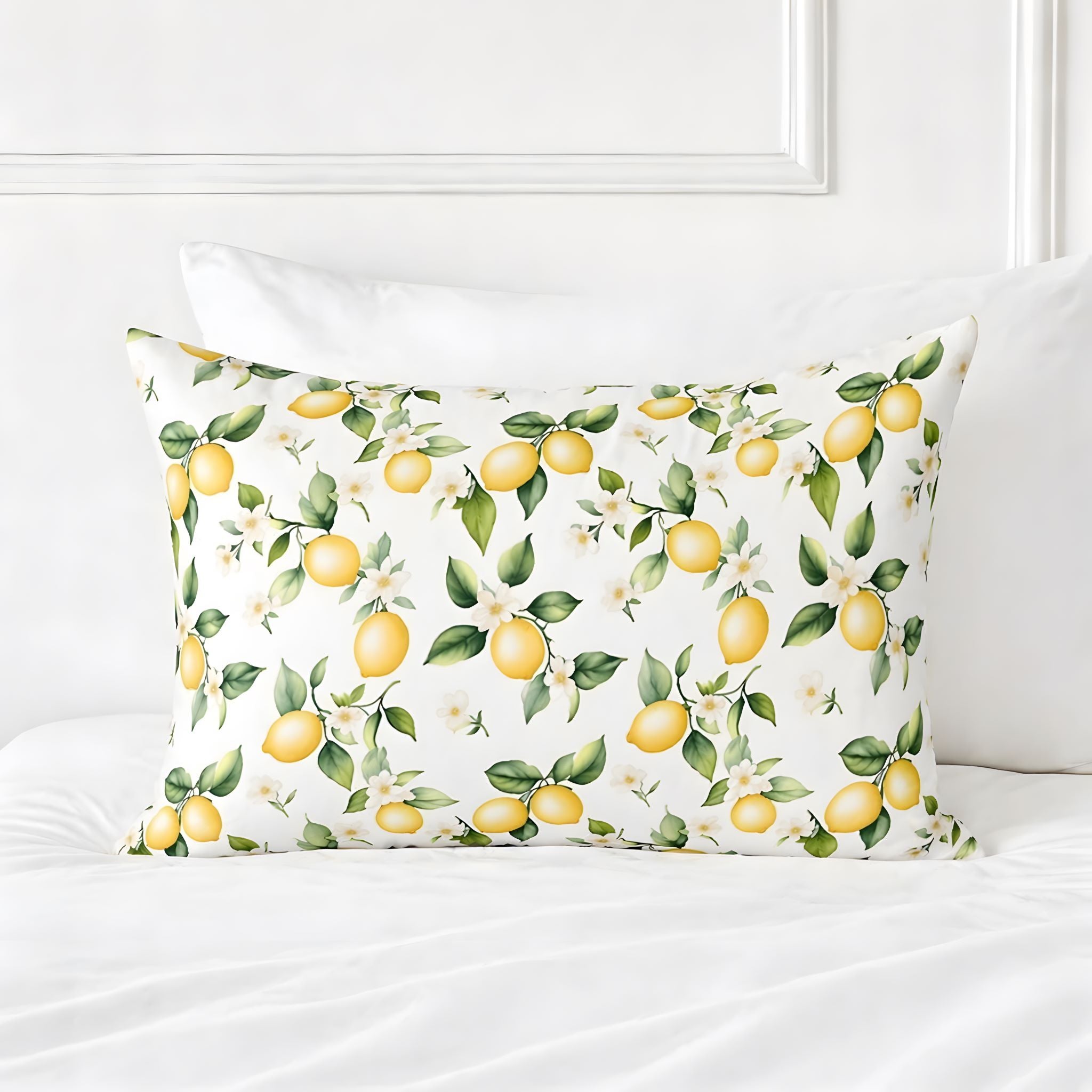 Lemon pillow with a citrus pattern on a white couch.