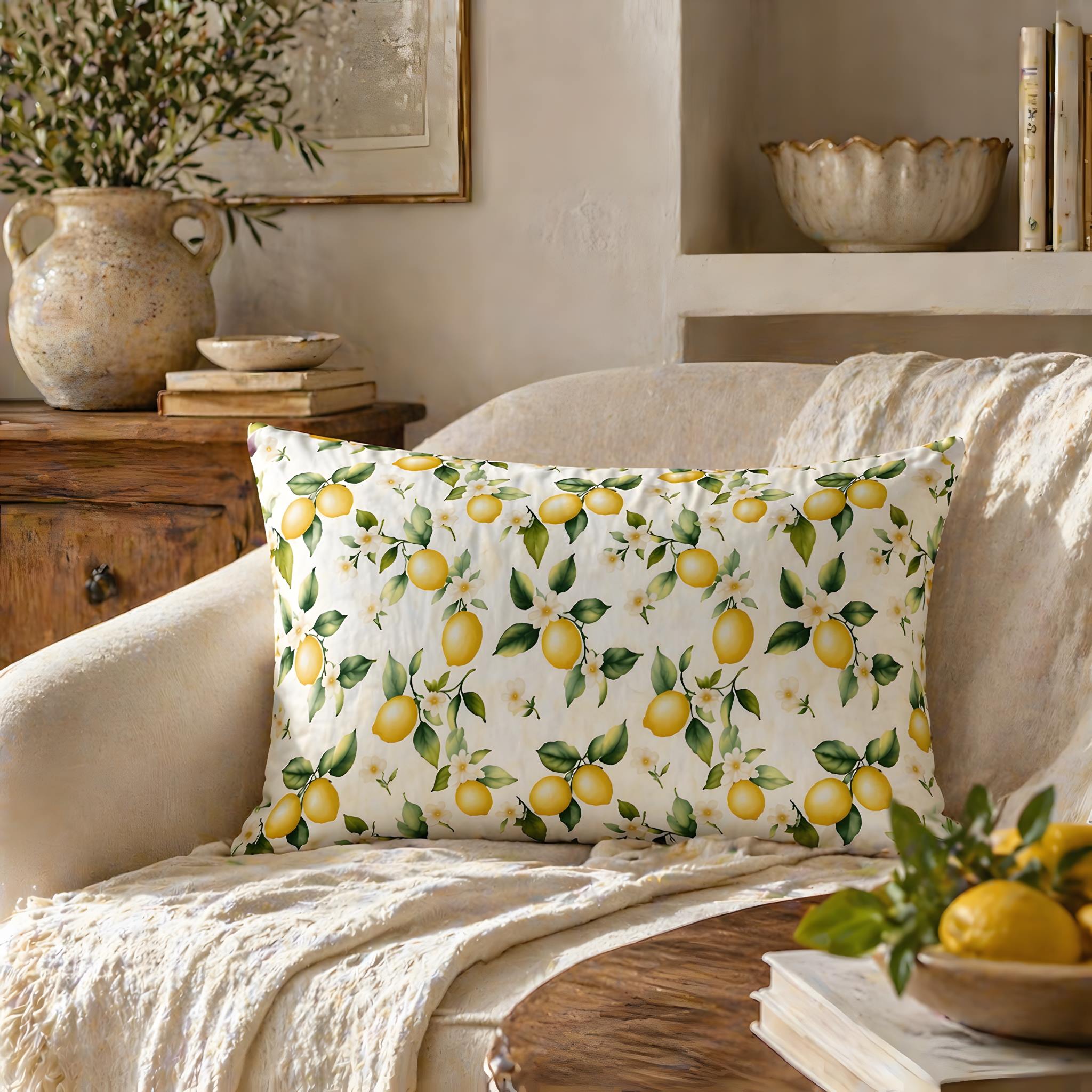 Citrus pillow with lemon pattern on a beige sofa in a cozy living room.