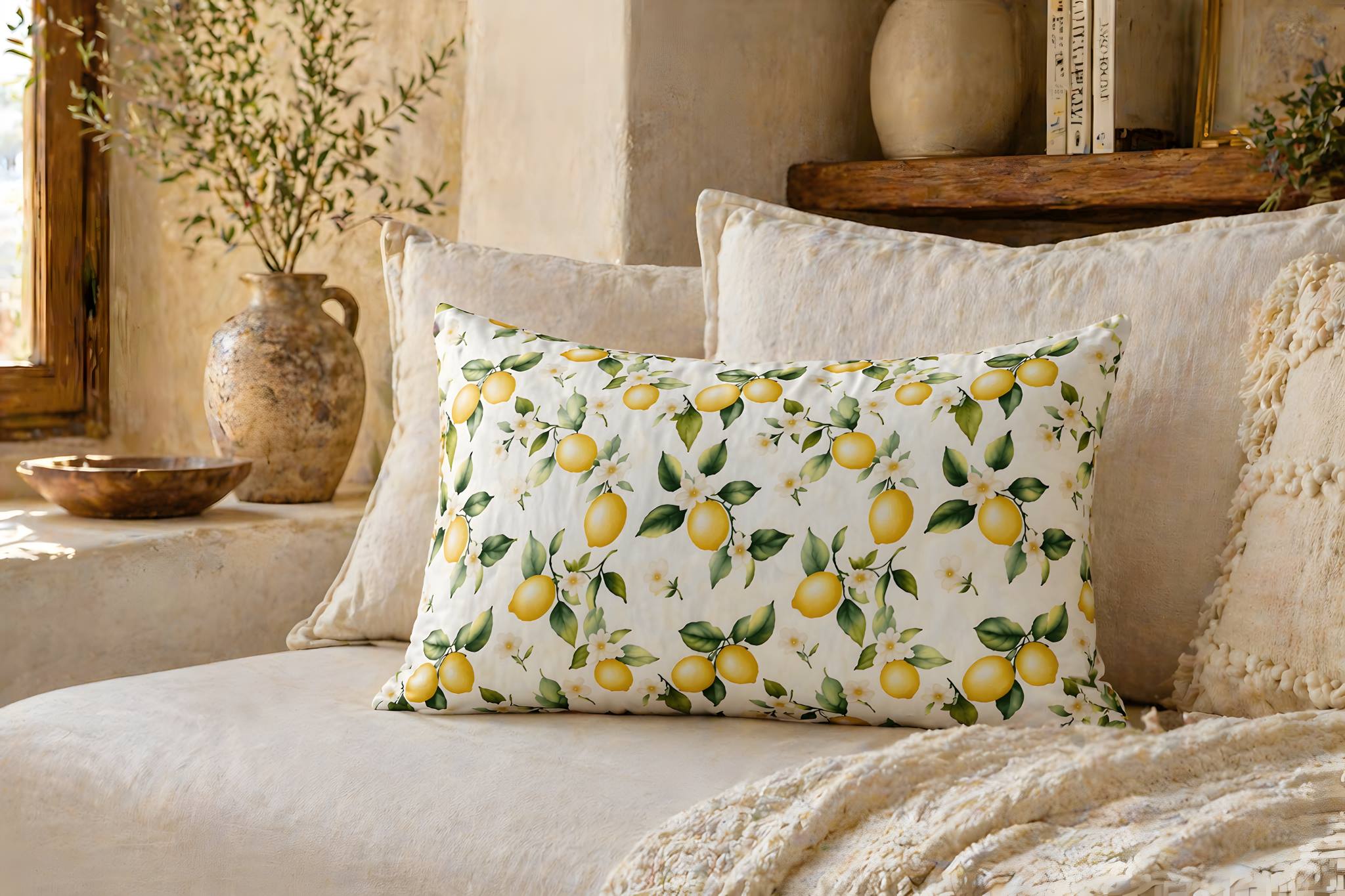 Mediterranean pillow with lemon citrus design on a beige sofa
