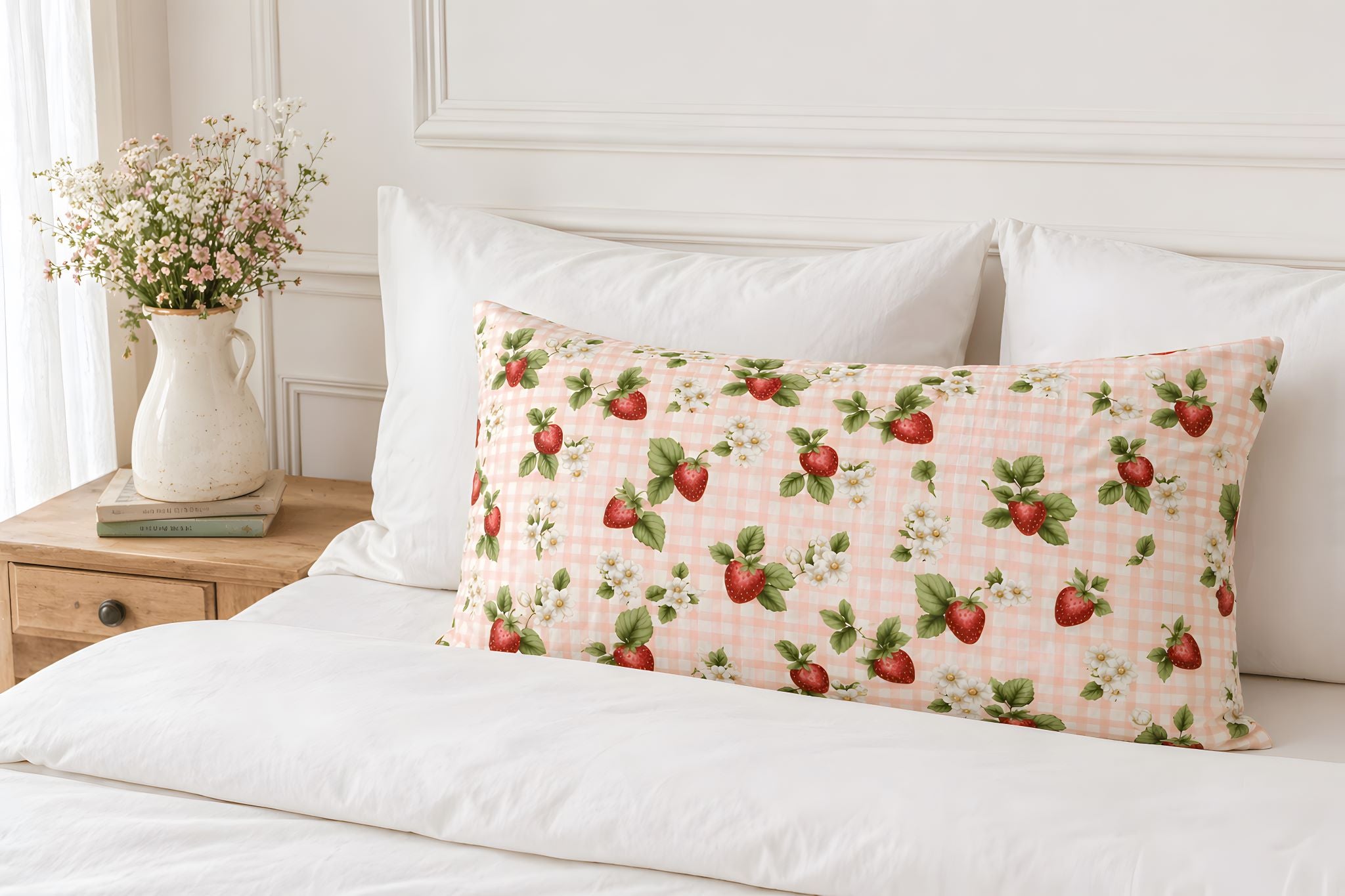 King size pillow sham with strawberry gingham pattern on a white cottage bed.