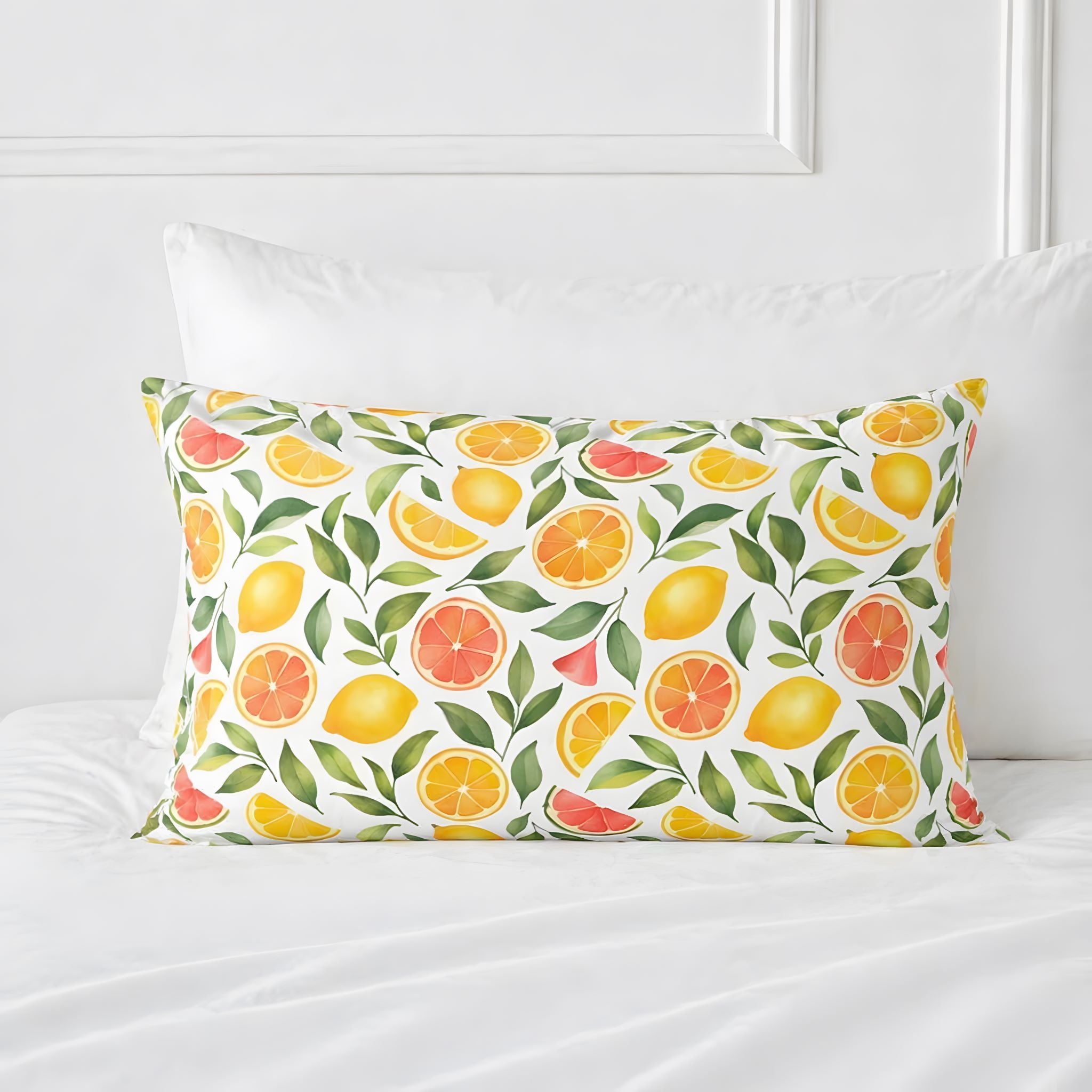 Coastal cottage bedroom with citrus accent pillow showing zesty oranges, lemons and grapefruit.