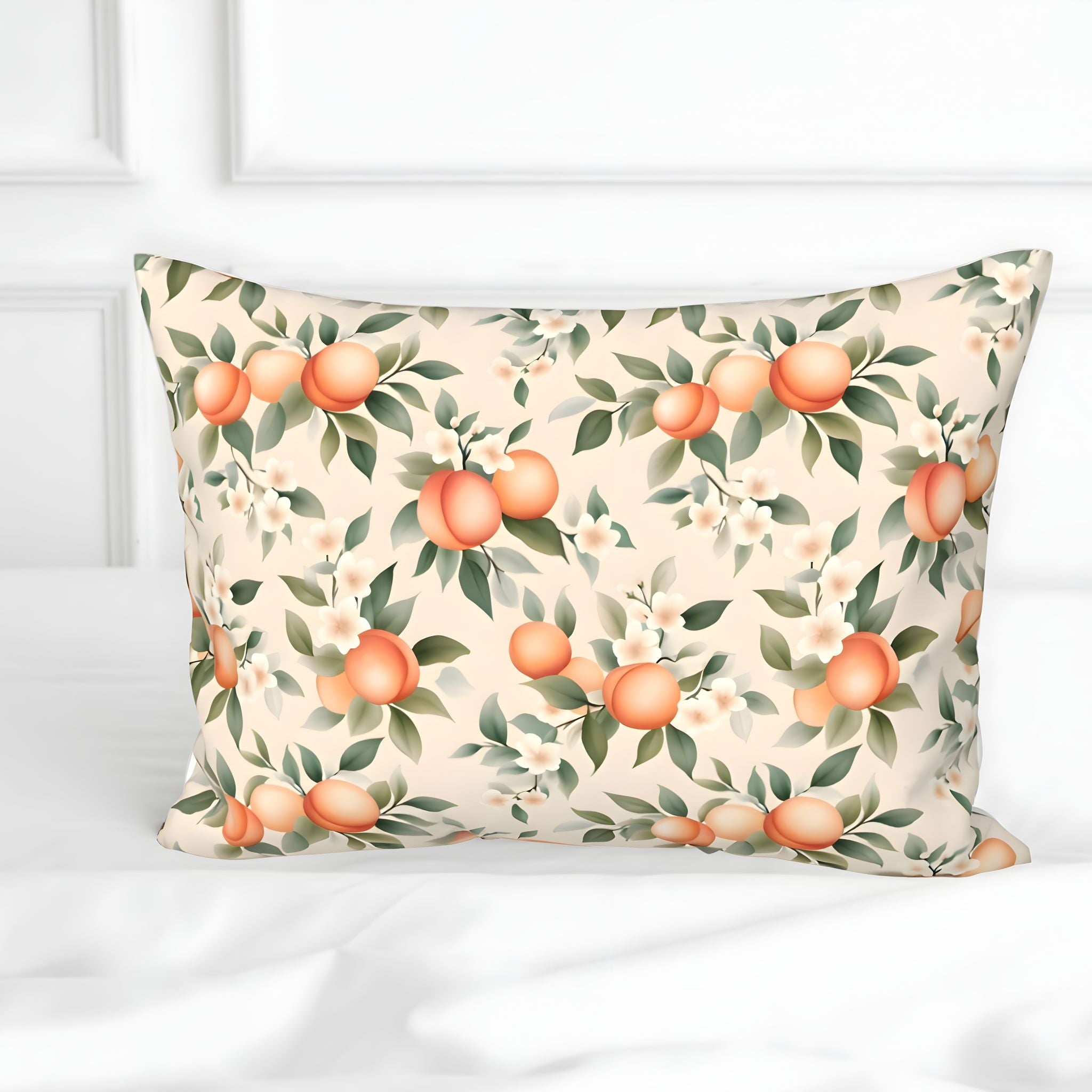 Peach fruit pillow sham on beige background sitting on a white bed.