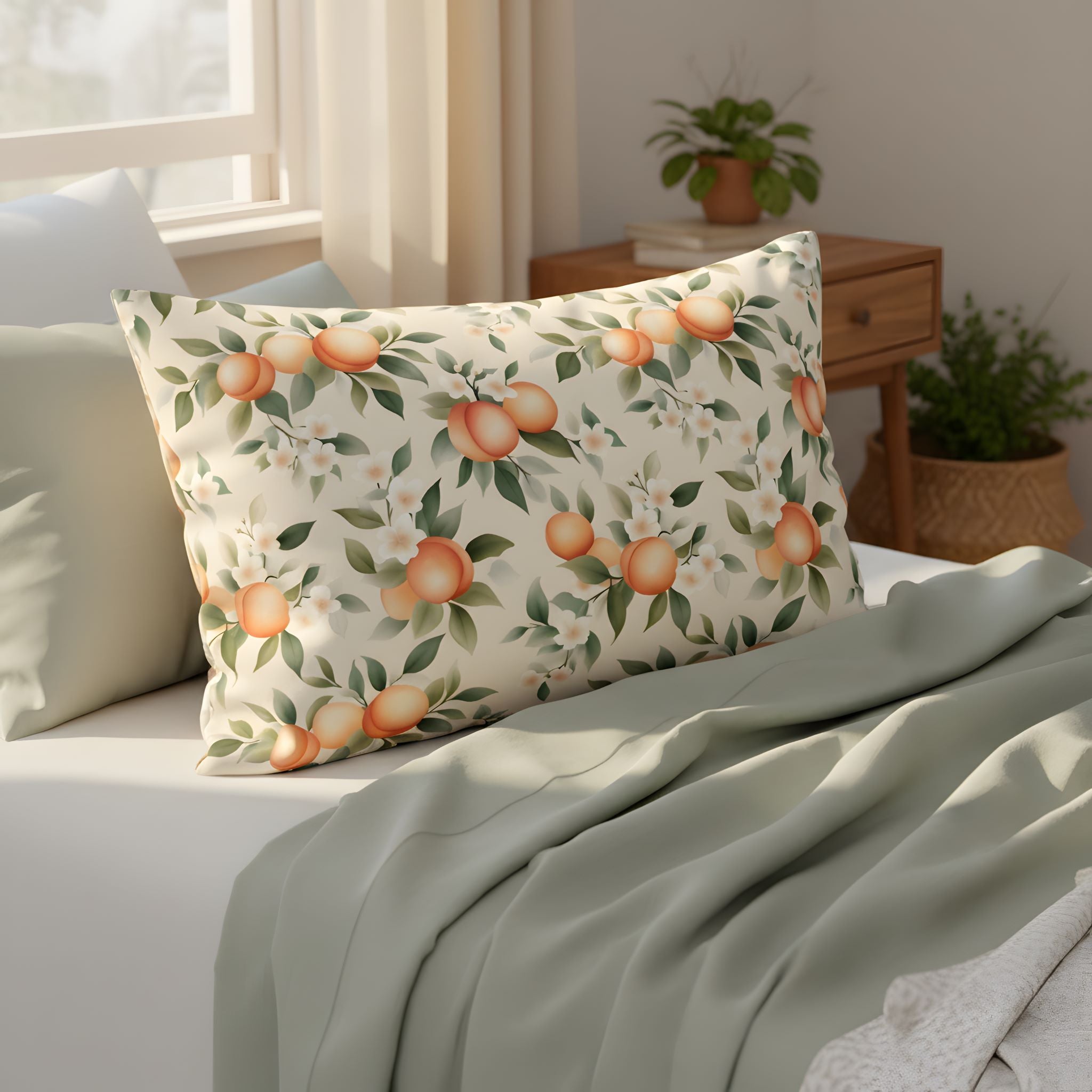 Peach pillow sham with fruit pattern on a bed in a cottage bedroom setting