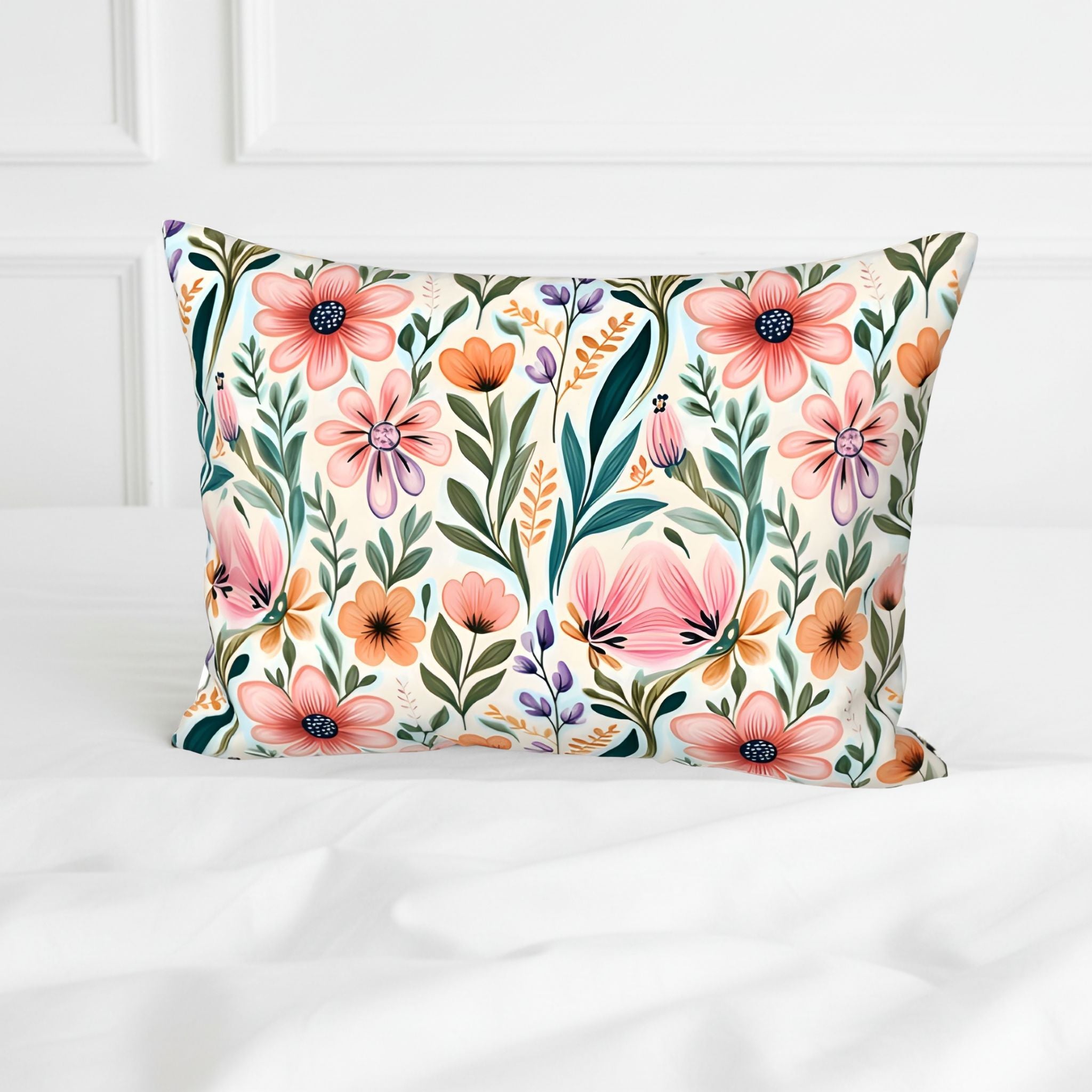 Orange and pink floral pattern on a cotton pillow sham.