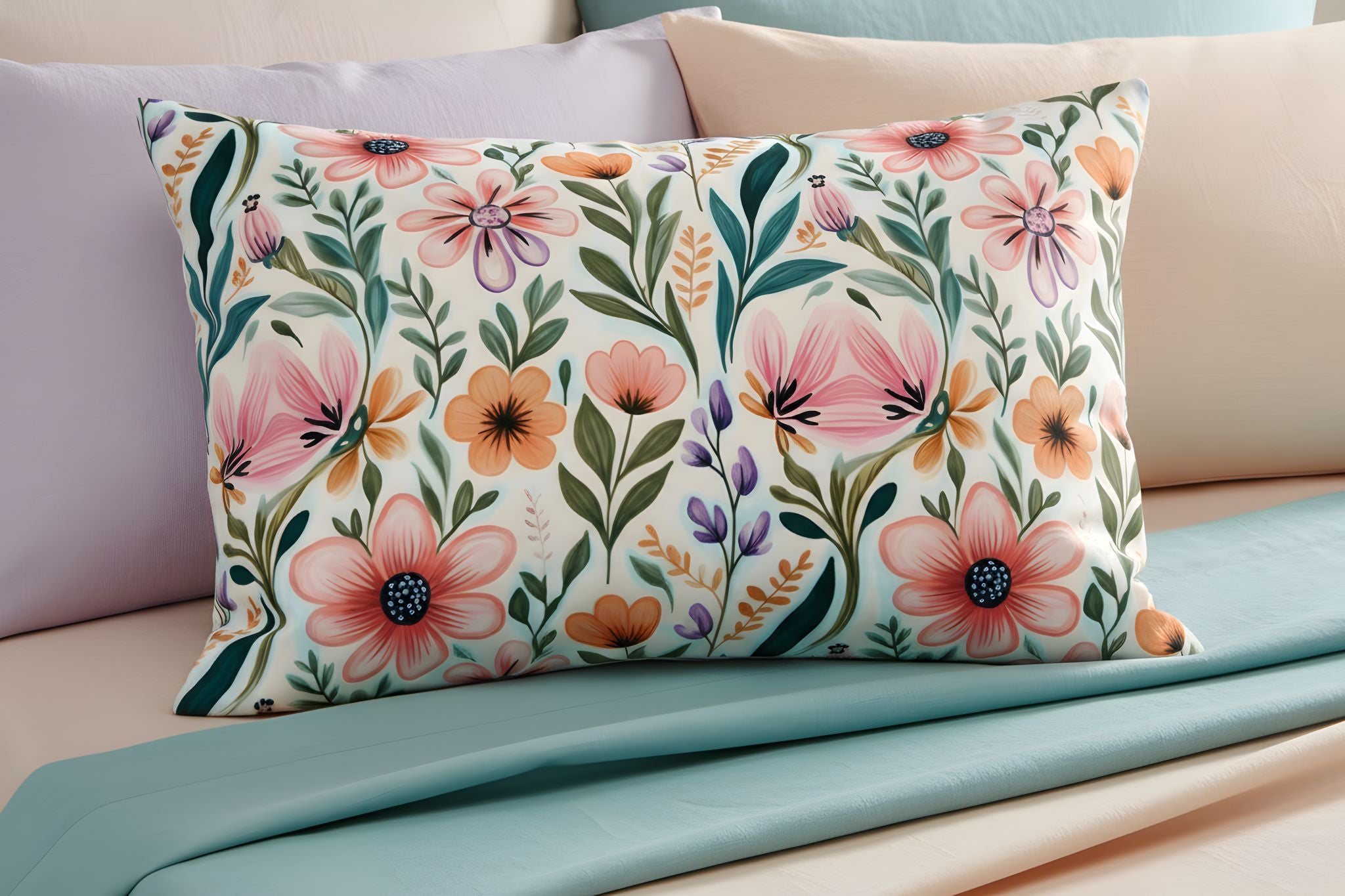 Colorful flower cotton pillow sham with orange and pink flowers with spring aesthetic bedding.