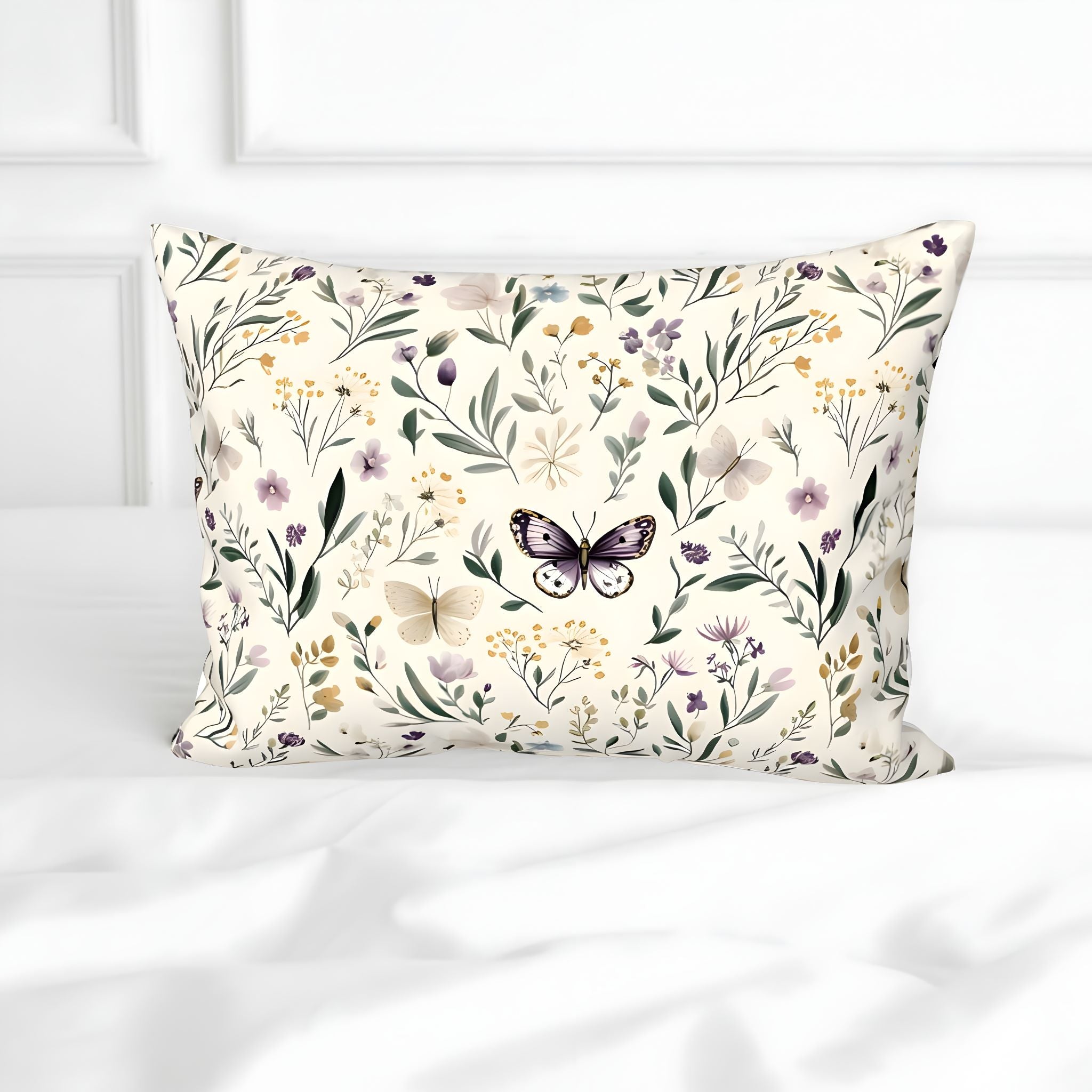 Cottage style pillow sham with floral and butterfly pattern on a white background