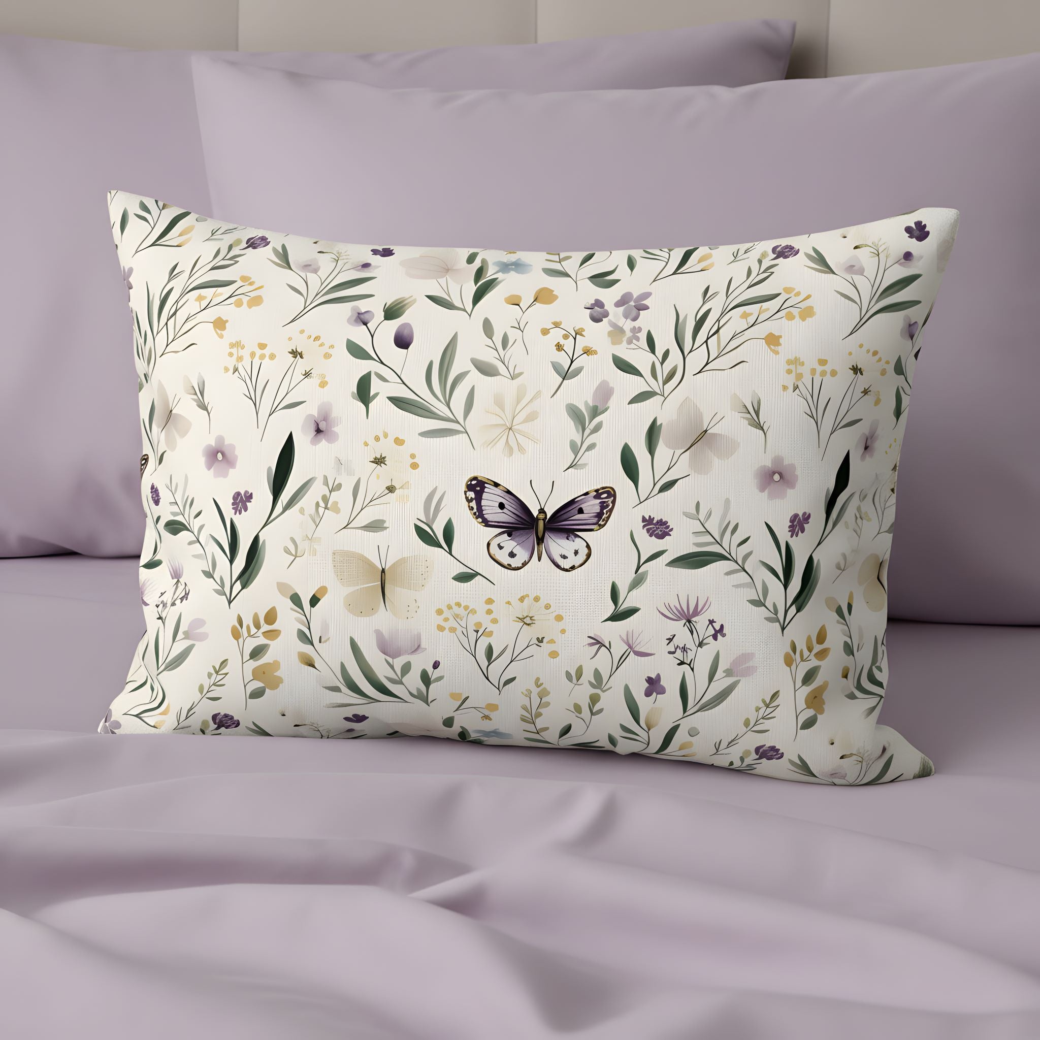Spring cottage bedroom with a floral and butterfly pillow sham.