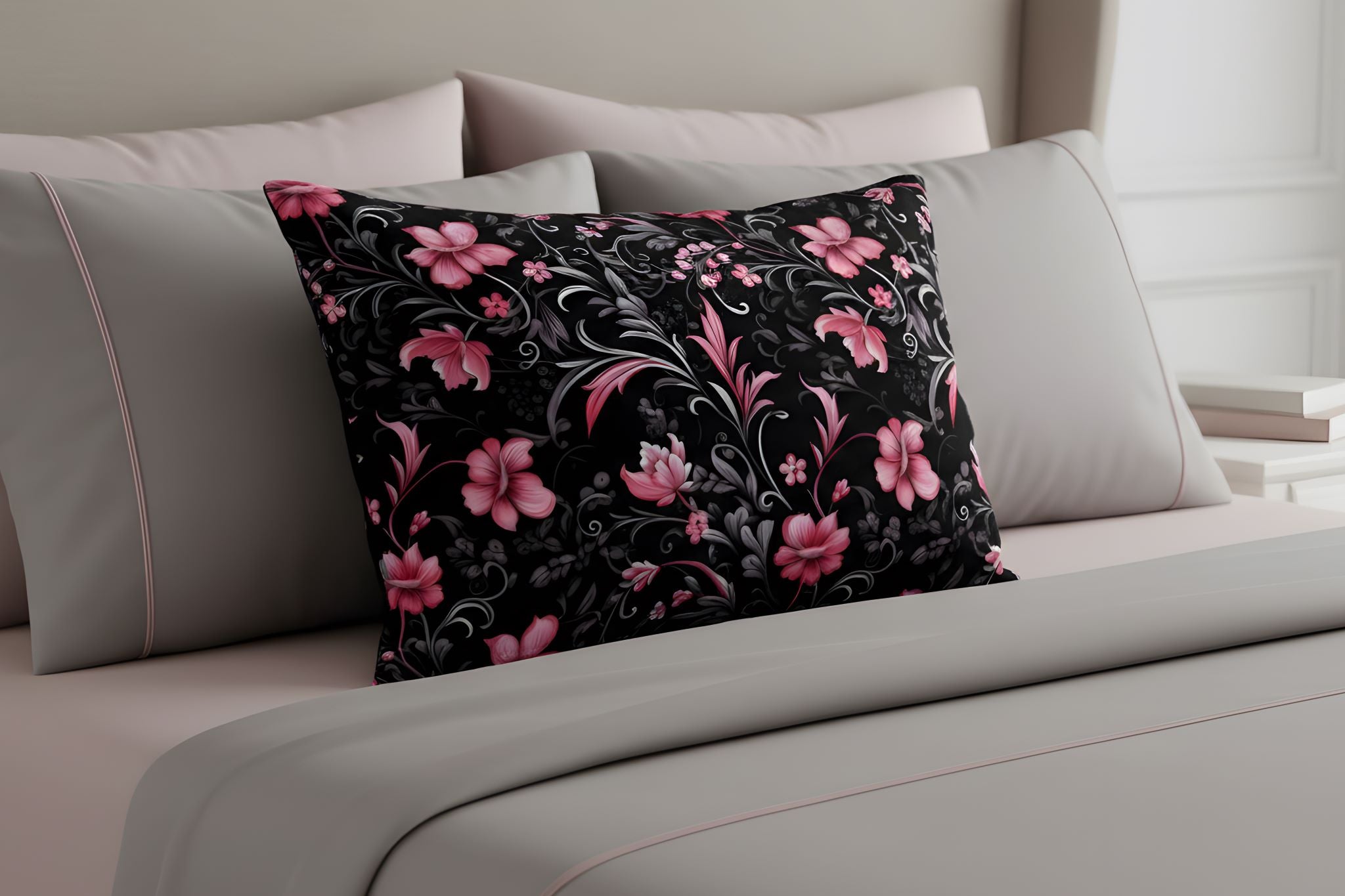 Pink flowers on a black and white pillow sham.