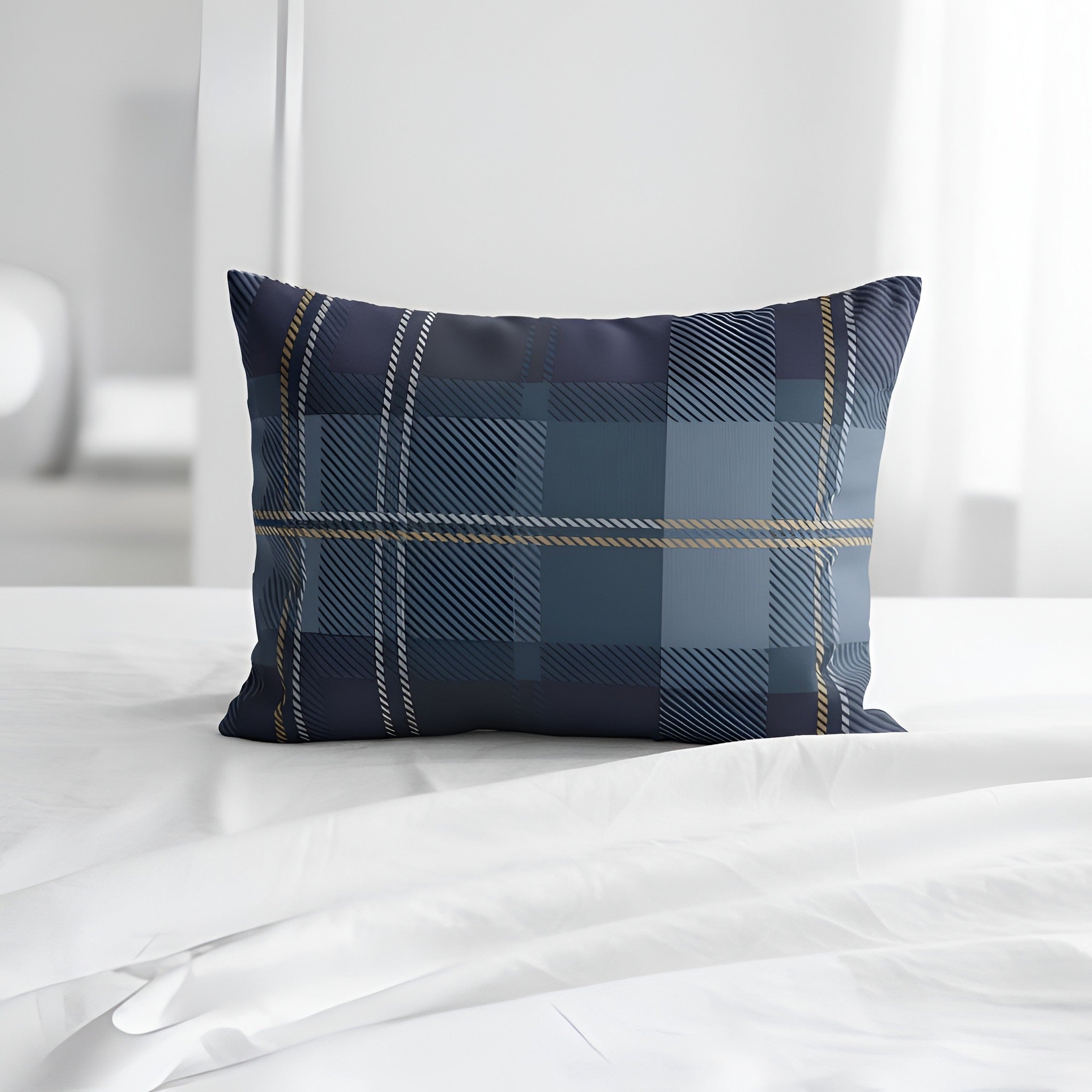 Blue plaid pillow sham on a white bed