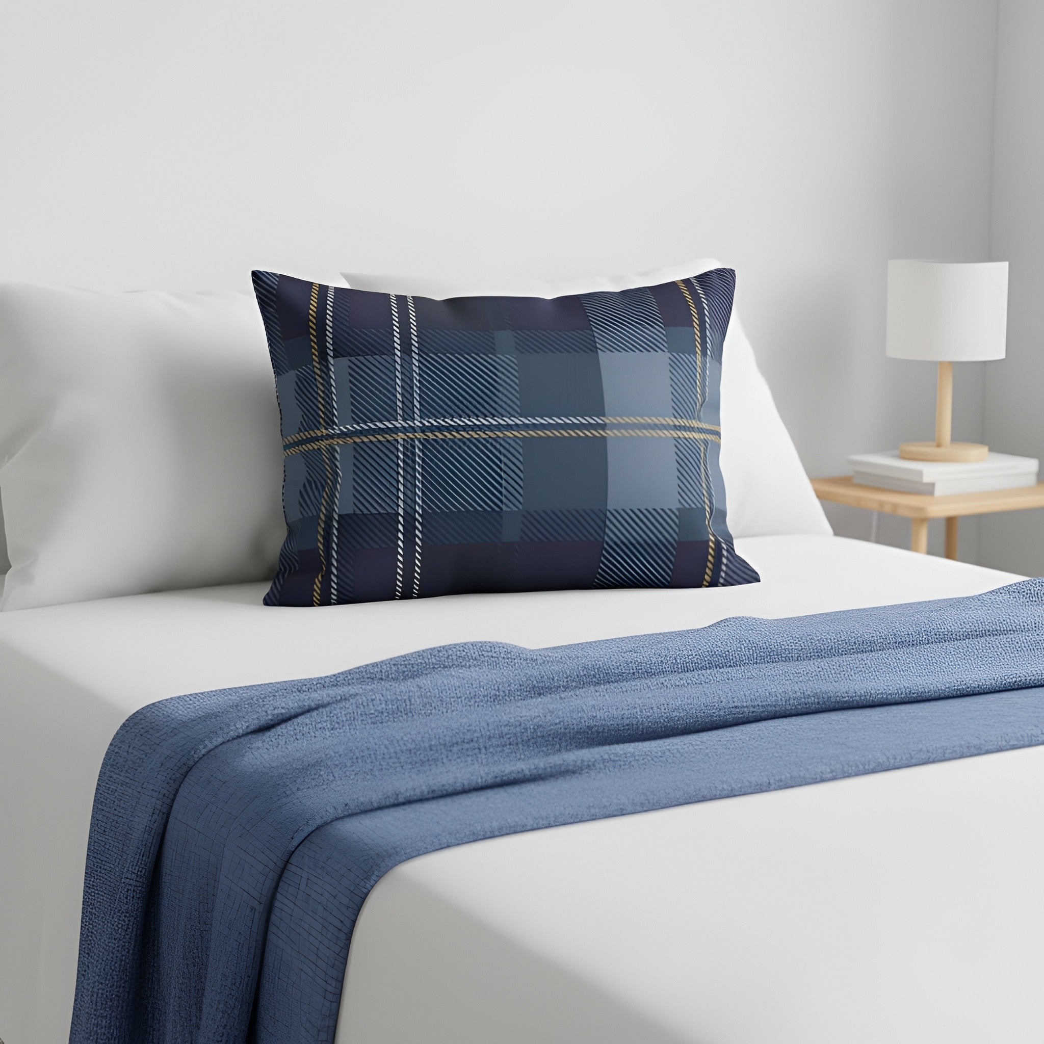 Blue  plaid pillow sham on a white bed with a blue throw blanket