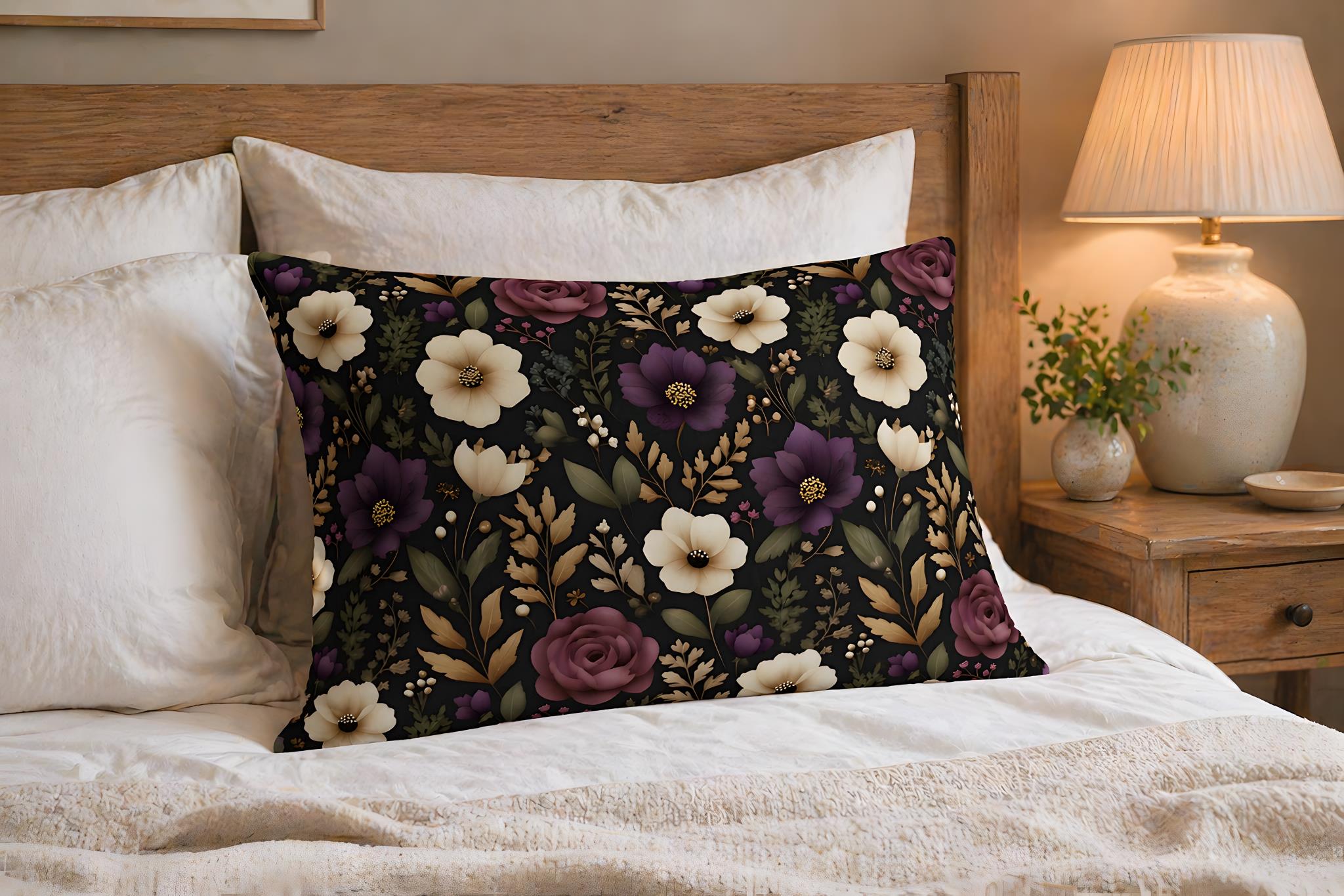 Moody flower pillow with roses in ivory and plum on a bed in a bedroom setting.