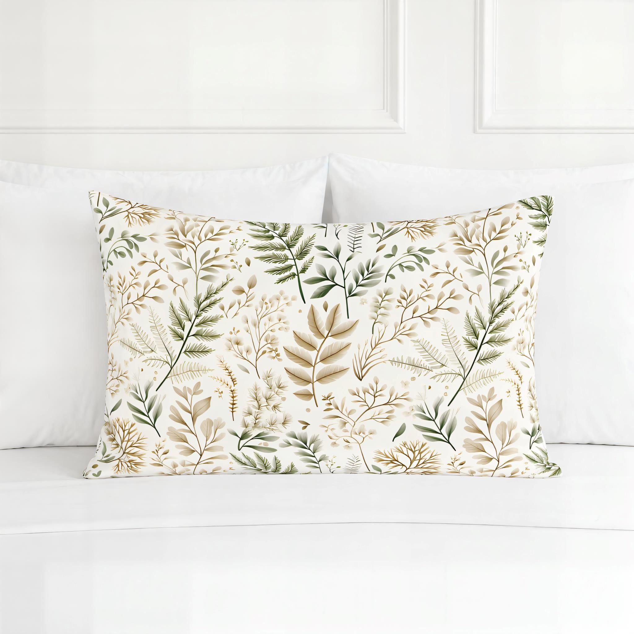 Fernleaf pillow sham on white bedding with white walls.