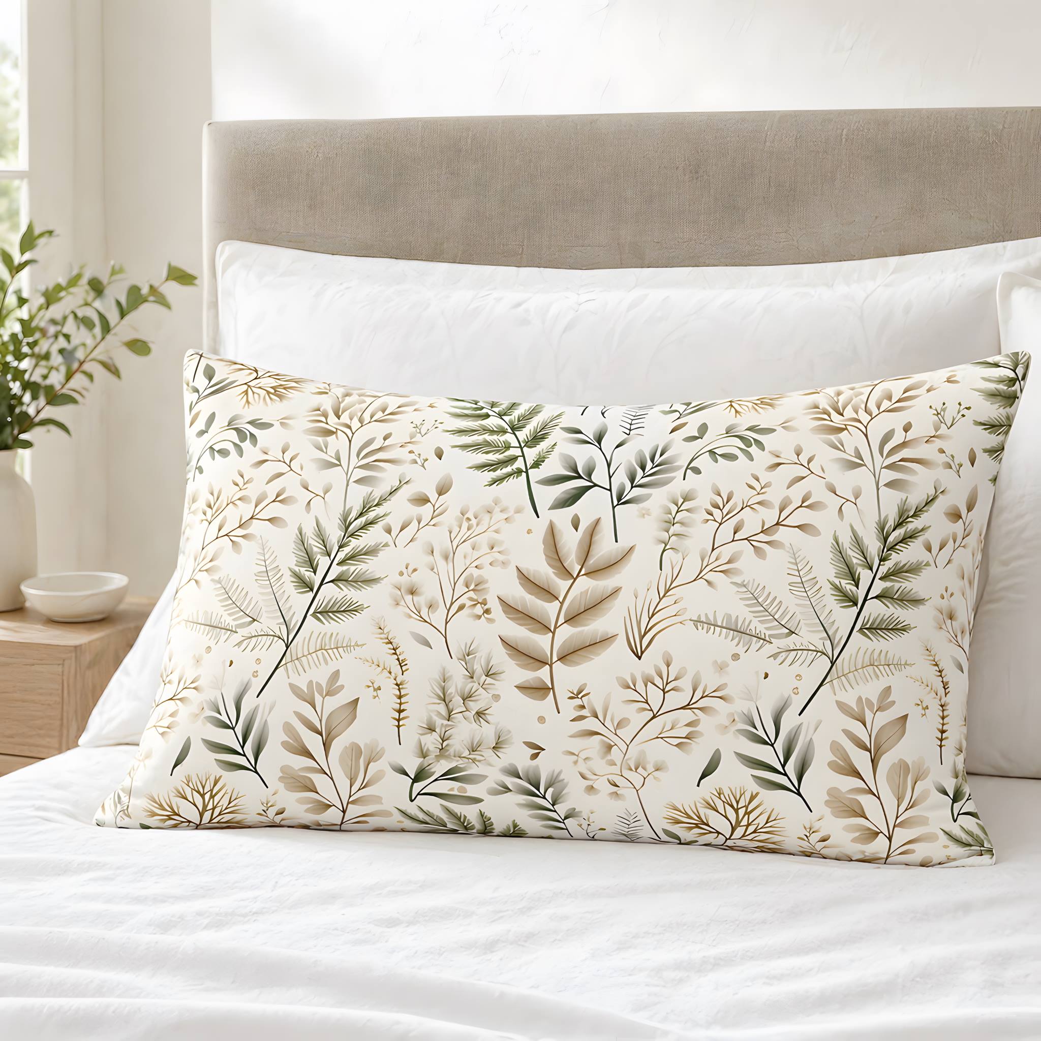 Fern leaf pillowcase in king size on a cozy bed.