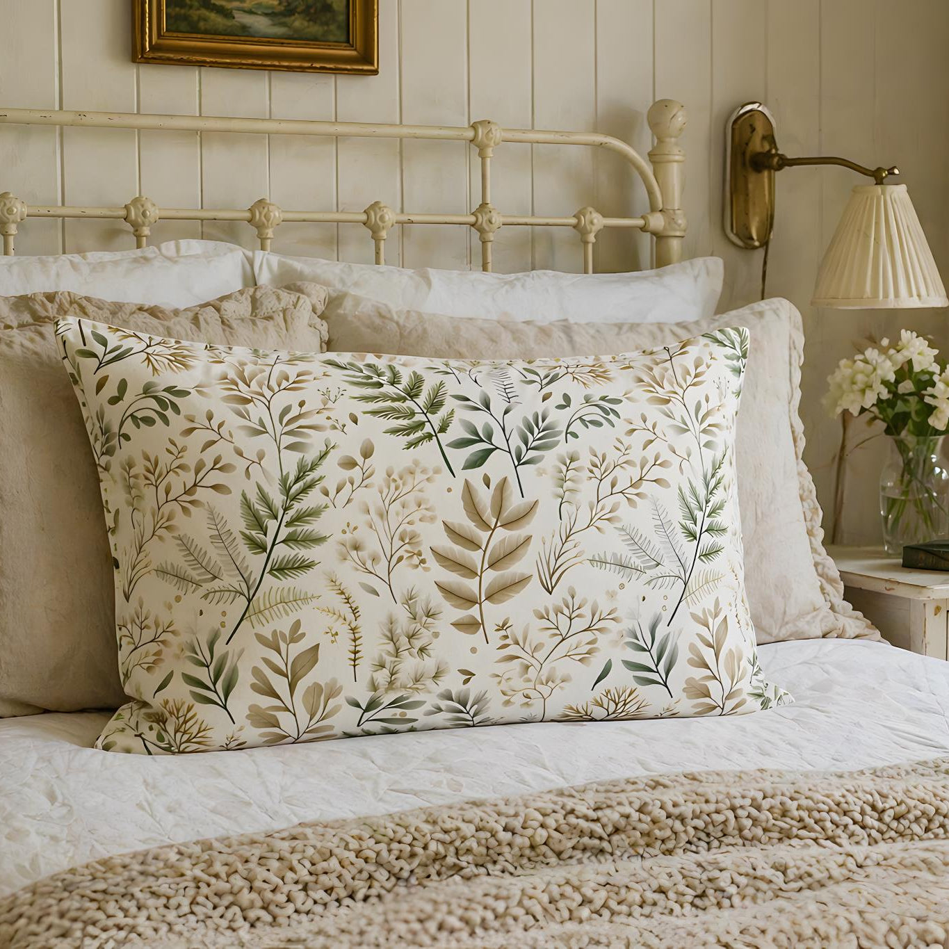 Fern leaf pillow sham on a cottage bed. 