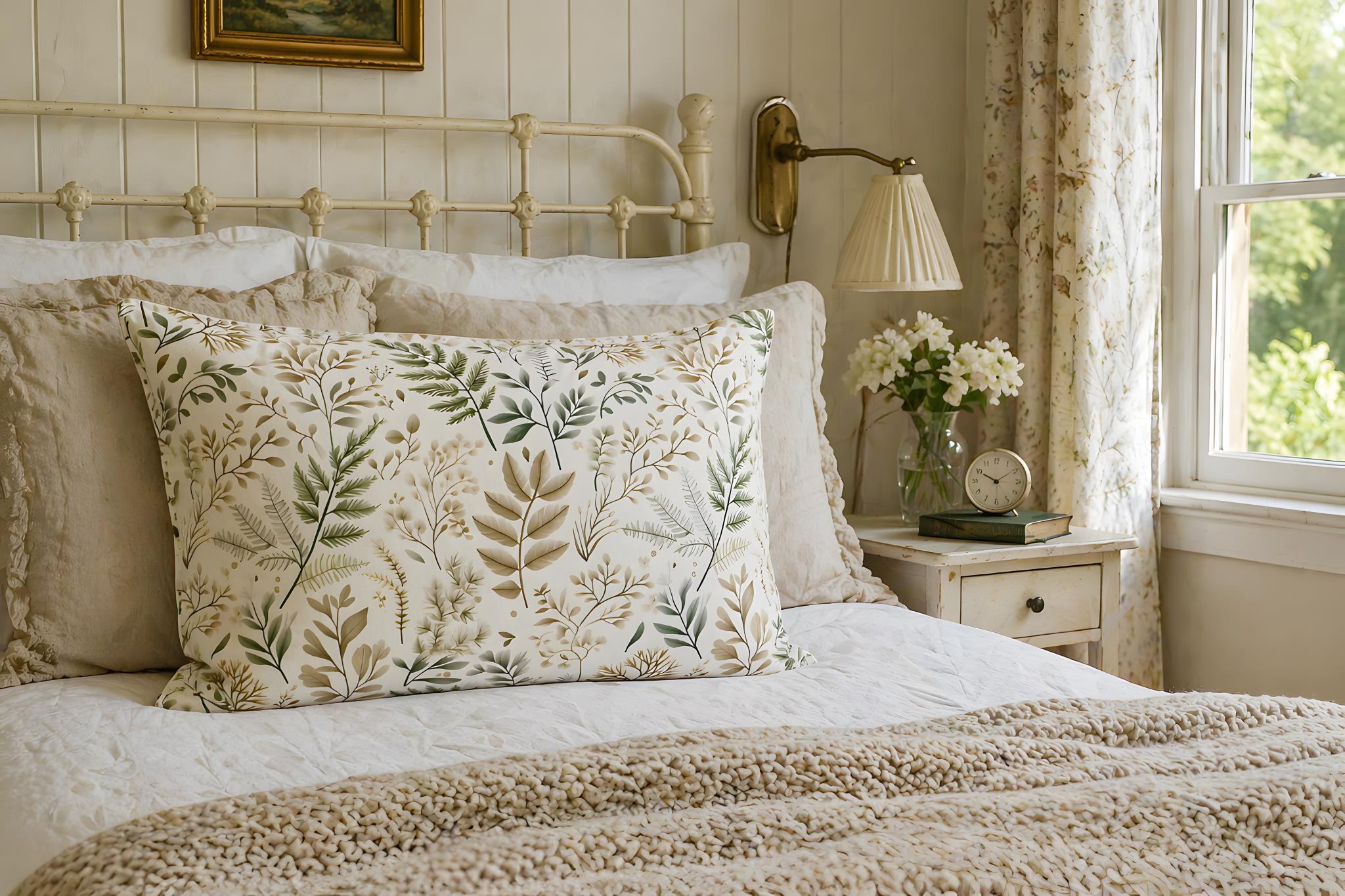 Fern leaf pillow sham on a cottage bed. 