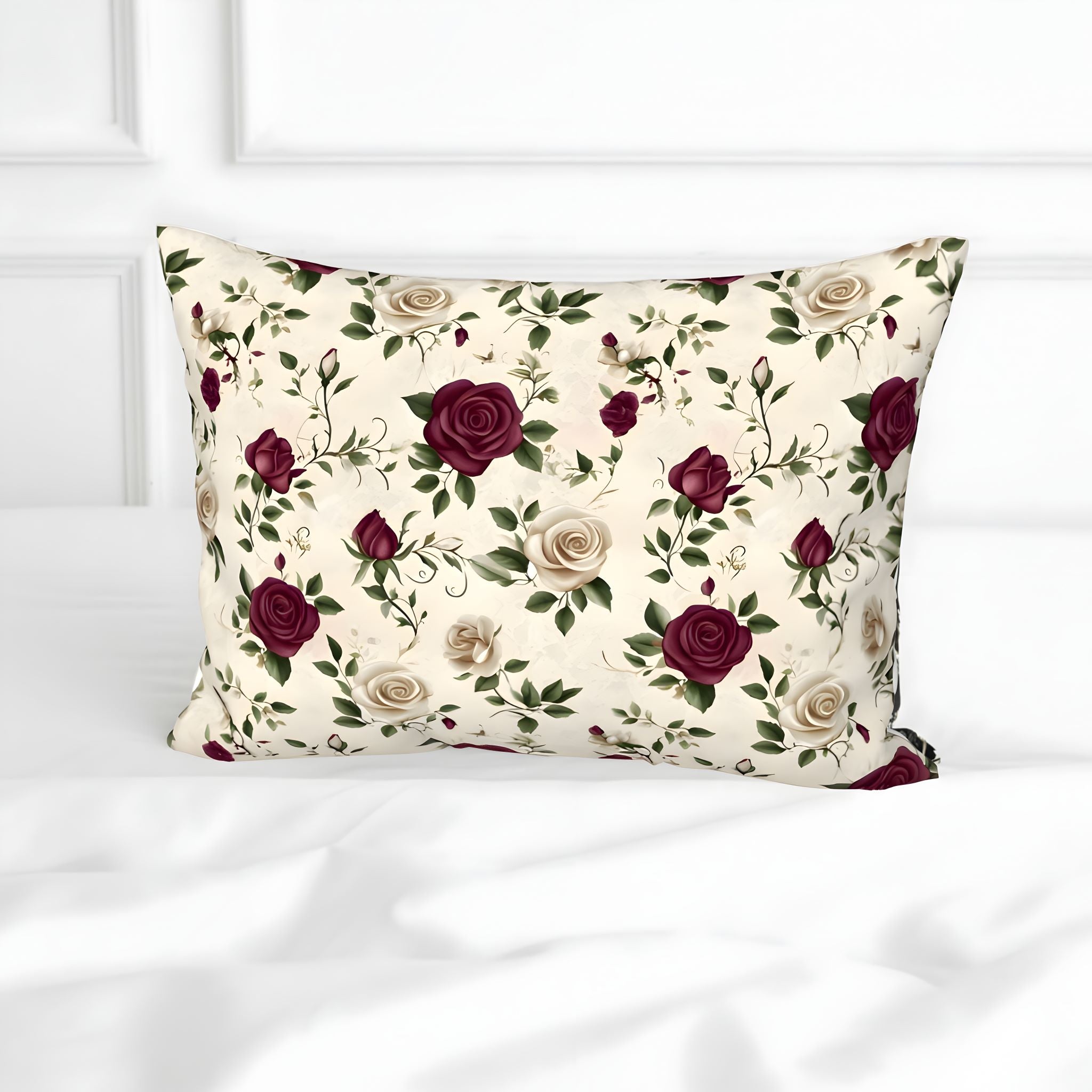 Burgundy Floral rose pillow sham on a white background