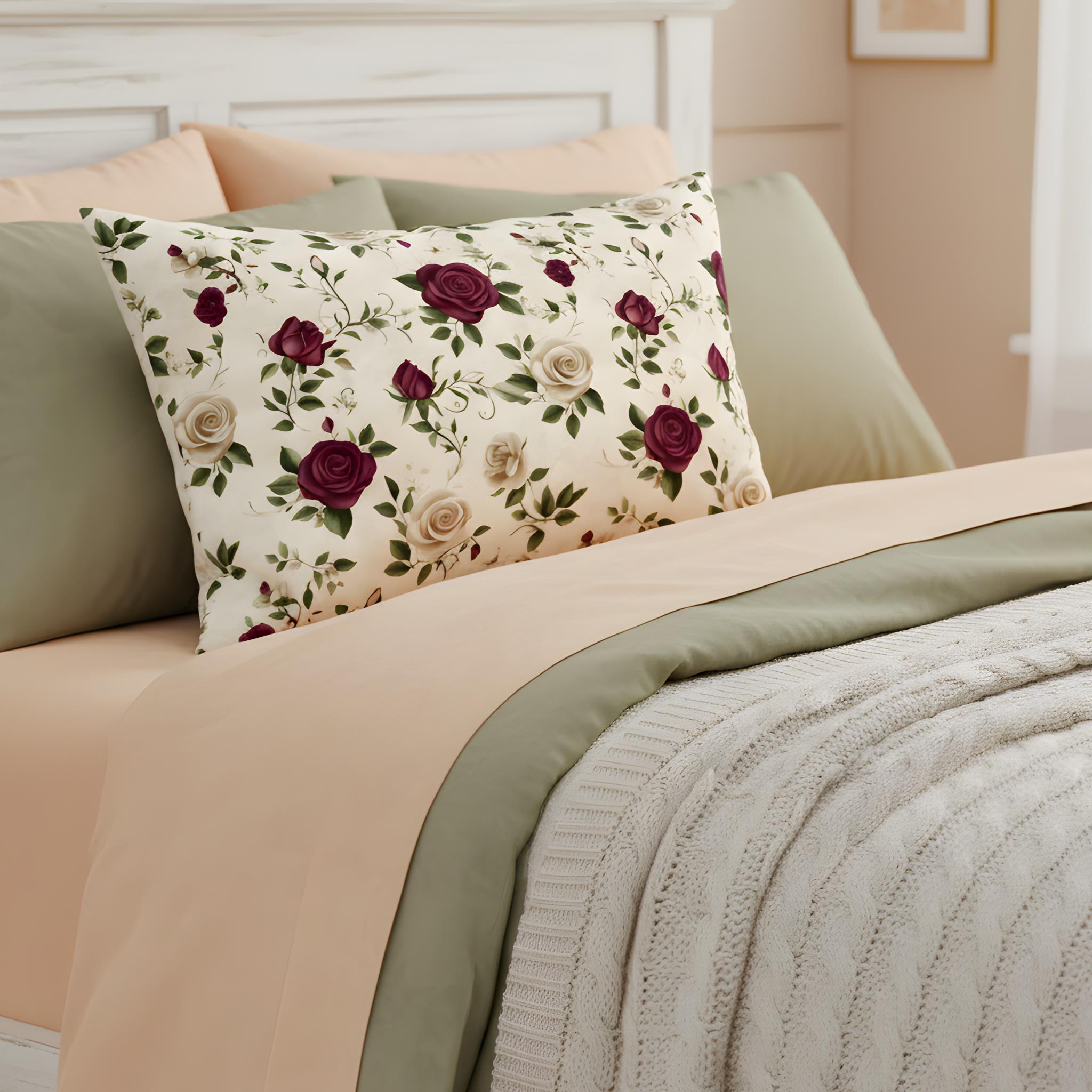 Floral rose pillow sham on a spring styled bed for a timeless look.